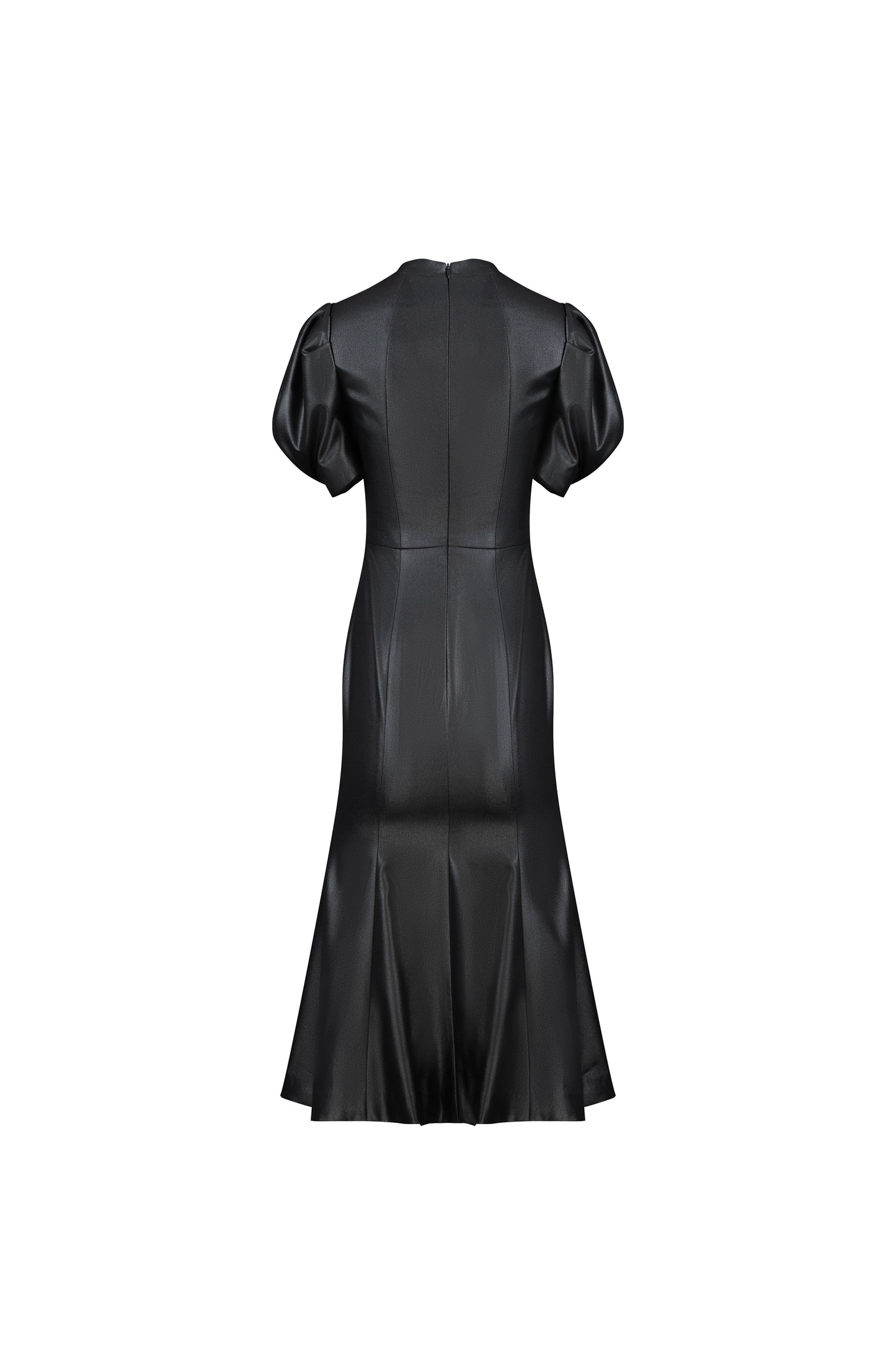 Black Faux-Leather Midi Dress – Puff Sleeve A-Line Gown with Embellishments