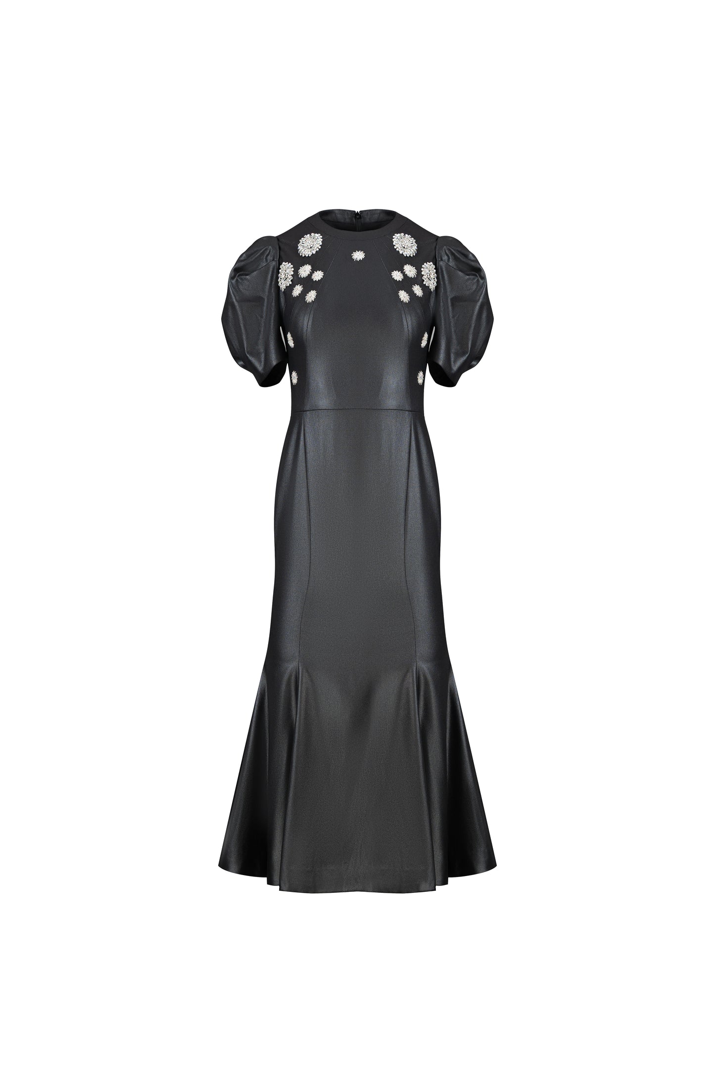 Black Faux-Leather Midi Dress – Puff Sleeve A-Line Gown with Embellishments