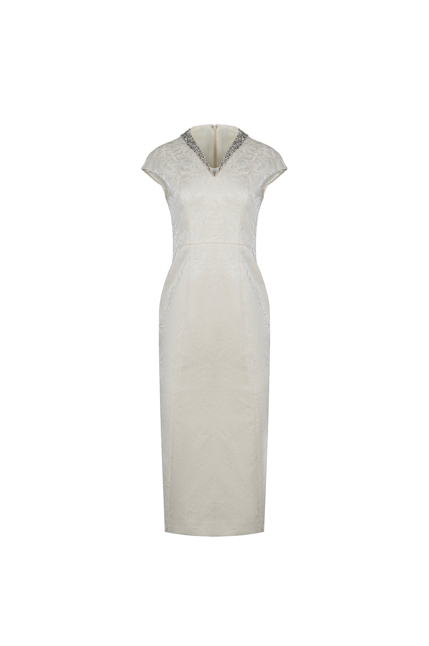 White Embellished V-Neck Midi Dress for Formal Occasions