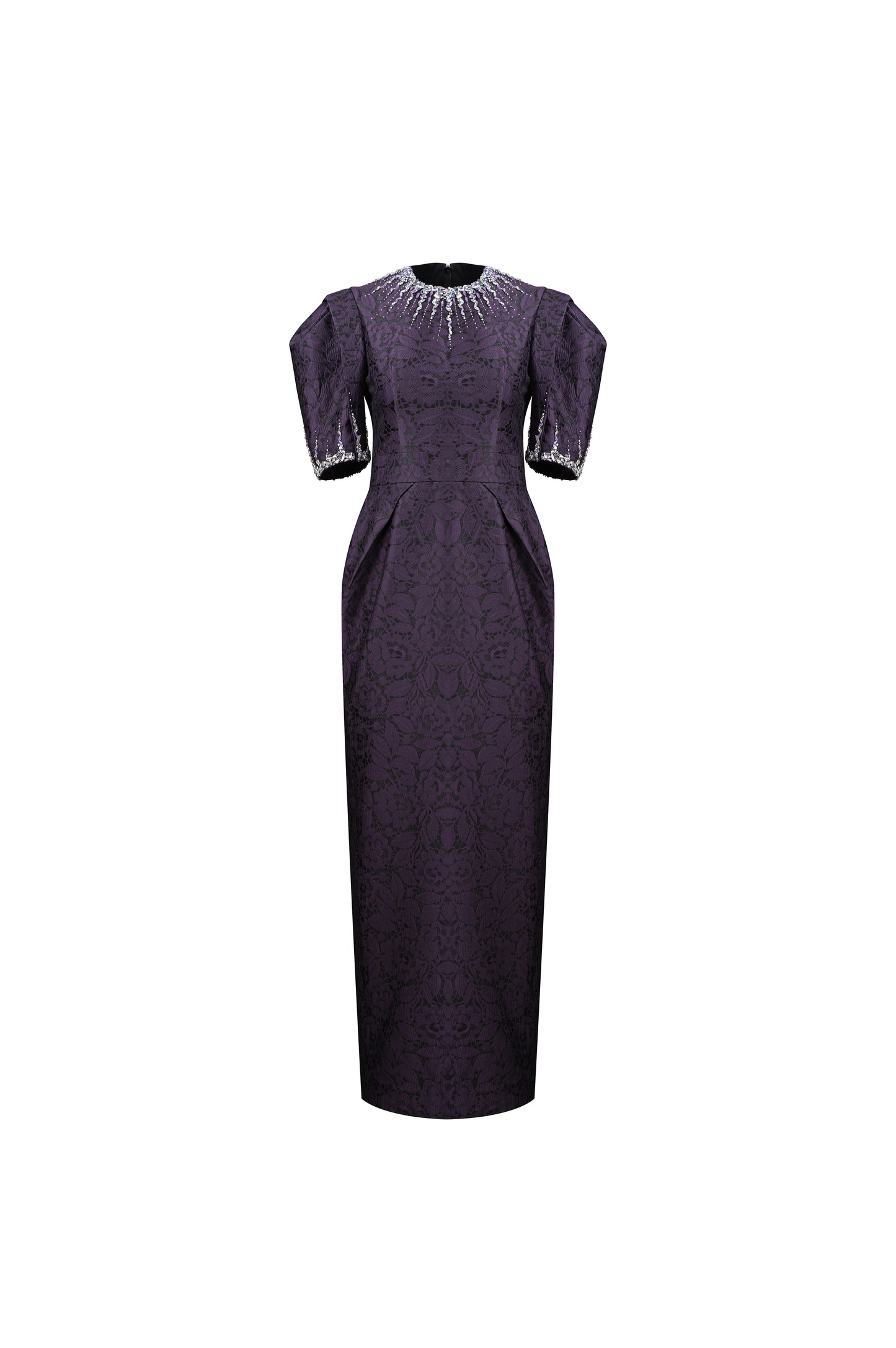 Purple Jacquard Evening Gown with Puff Sleeves & Embellished Neckline