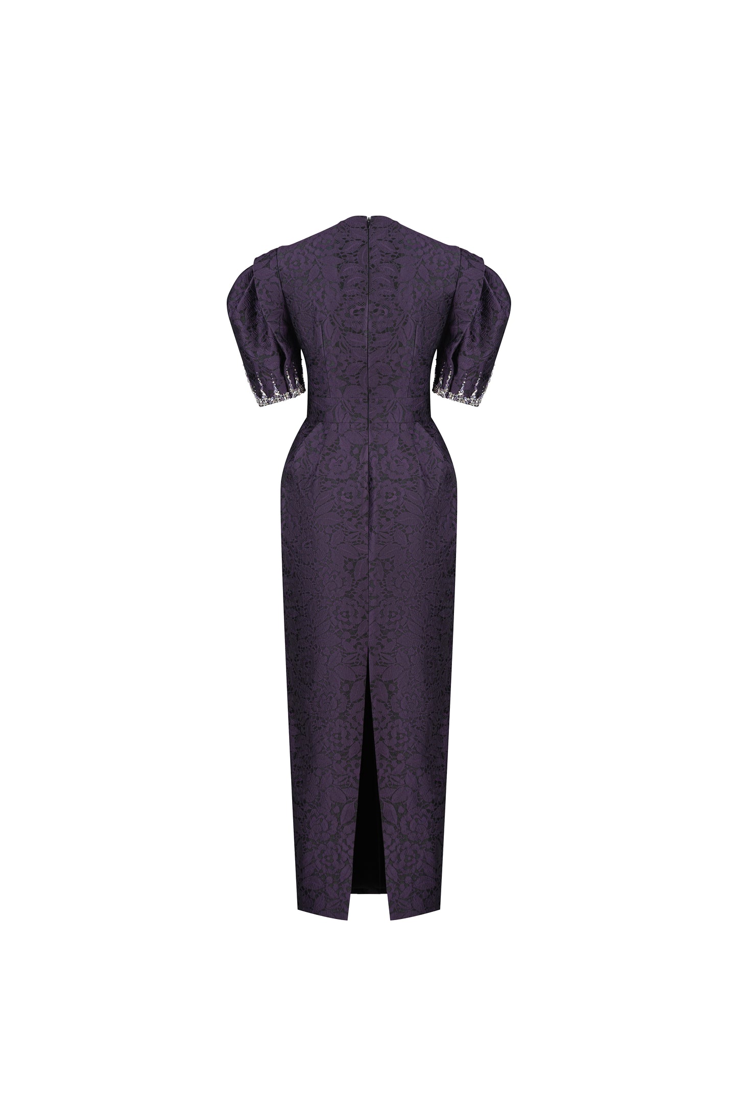 Purple Jacquard Evening Gown with Puff Sleeves & Embellished Neckline