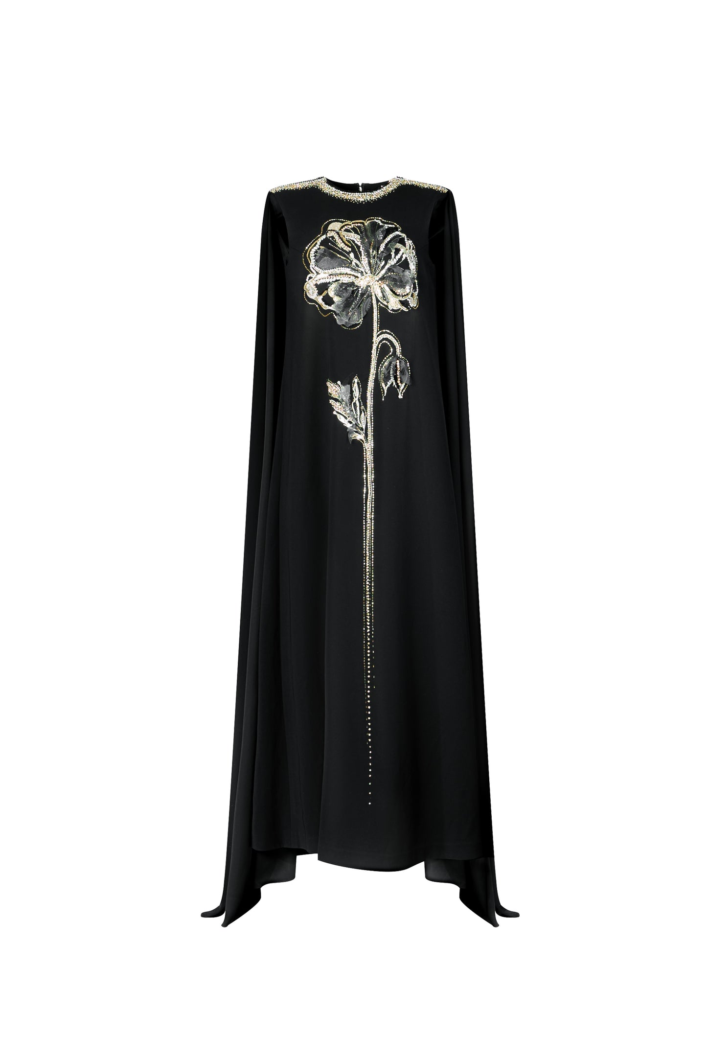 Black Cape Gown with Gold Floral Embroidery and Jewel Accents