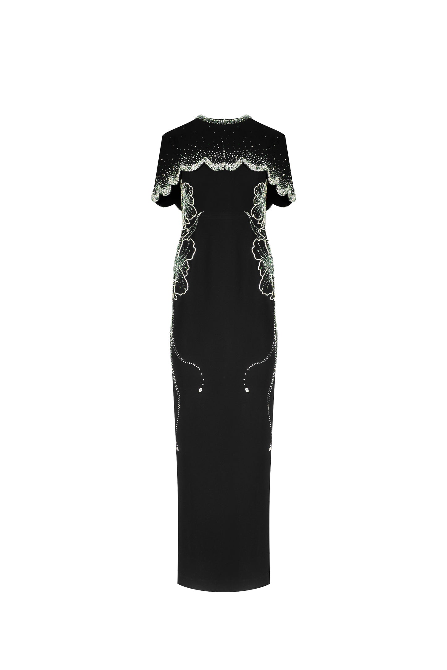 Black Gown with Embroidered Cape and Floral Details
