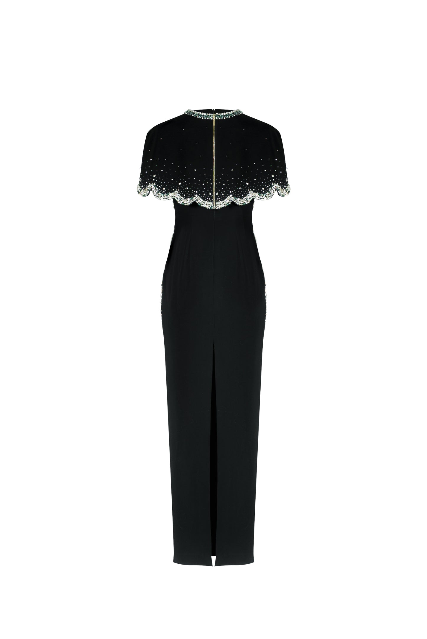 Black Gown with Embroidered Cape and Floral Details