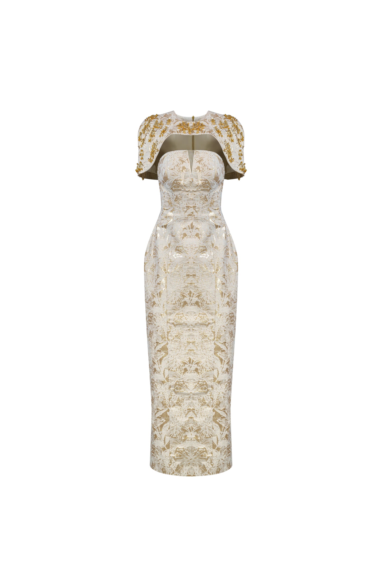 Gold Brocade Embroidered Long Gown with Structured Cape