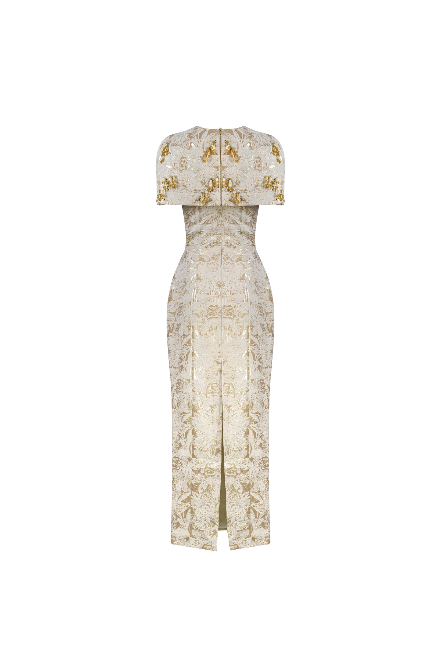 Gold Brocade Embroidered Long Gown with Structured Cape