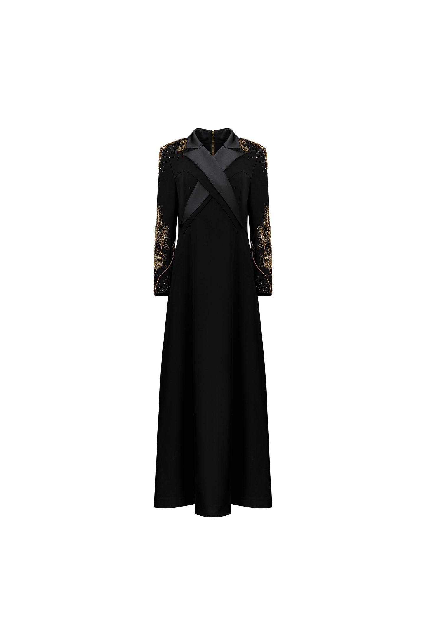Modern Black Gown with Gold Embroidered Sleeves
