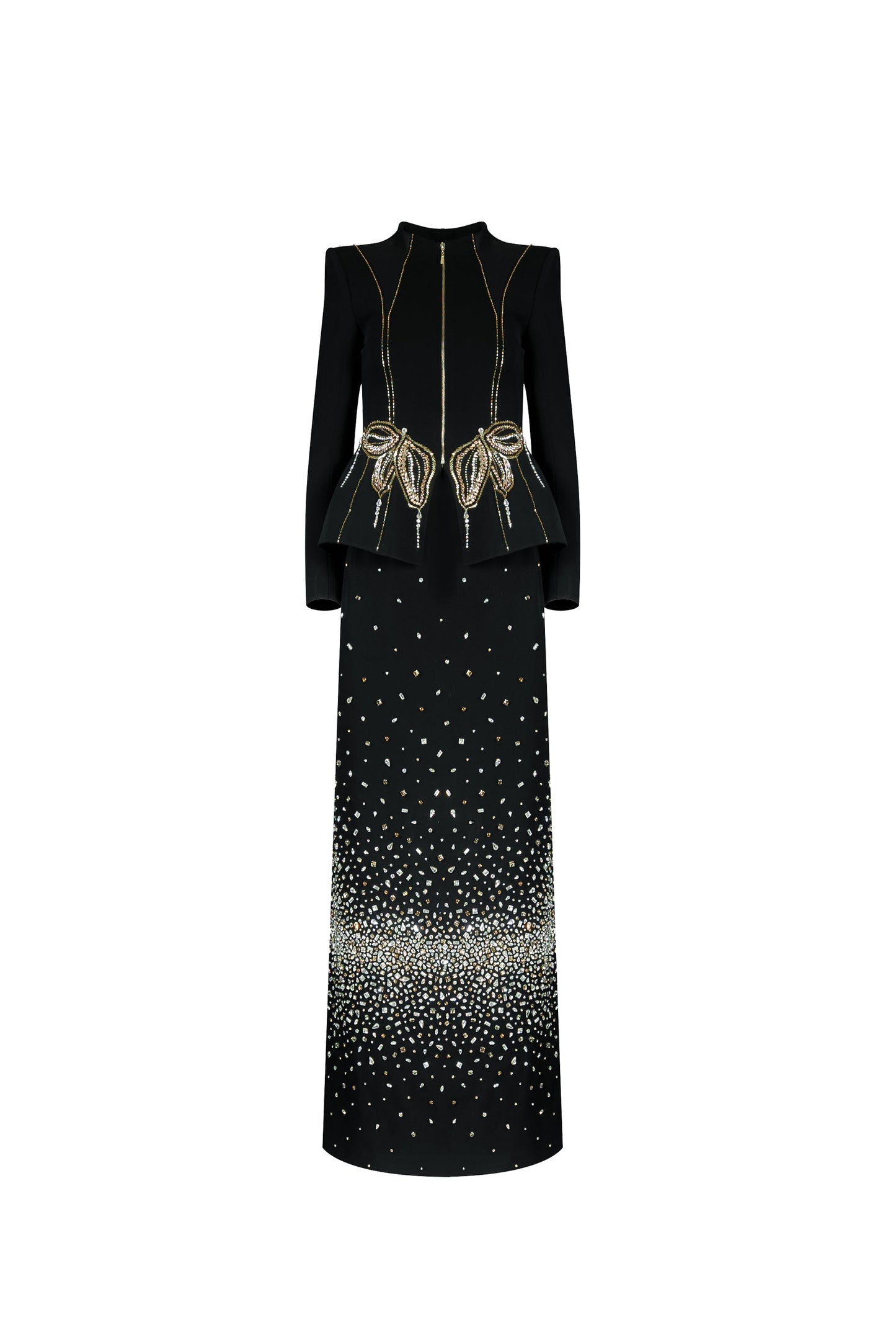 Black Embellished Peplum Jacket and Sequin Skirt Evening Gown