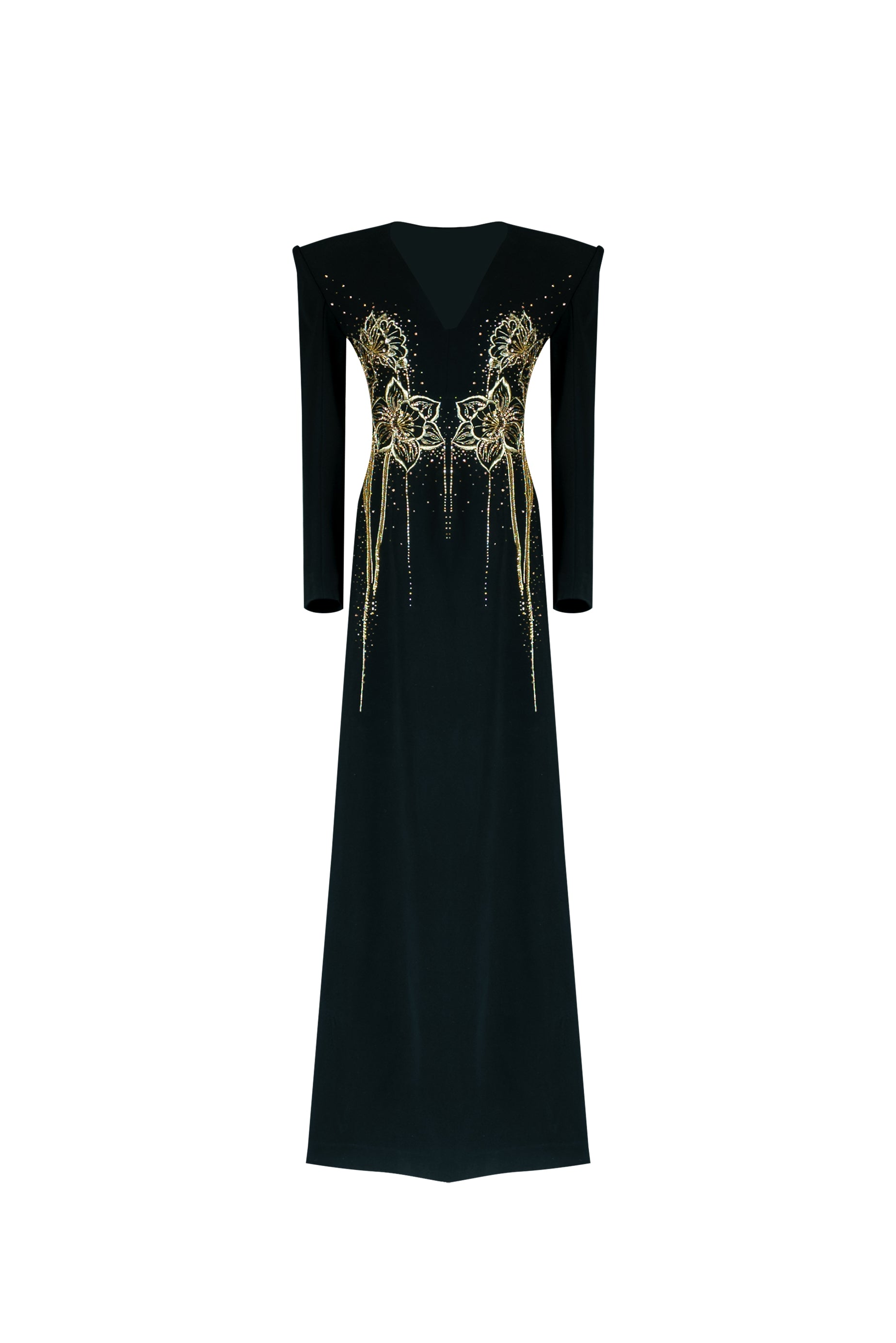 Black Long-Sleeve Gown with Gold Embellished Floral Design and V-Neckline Black Long-Sleeve Gown with Gold Embellished Floral Design and V-Neckline