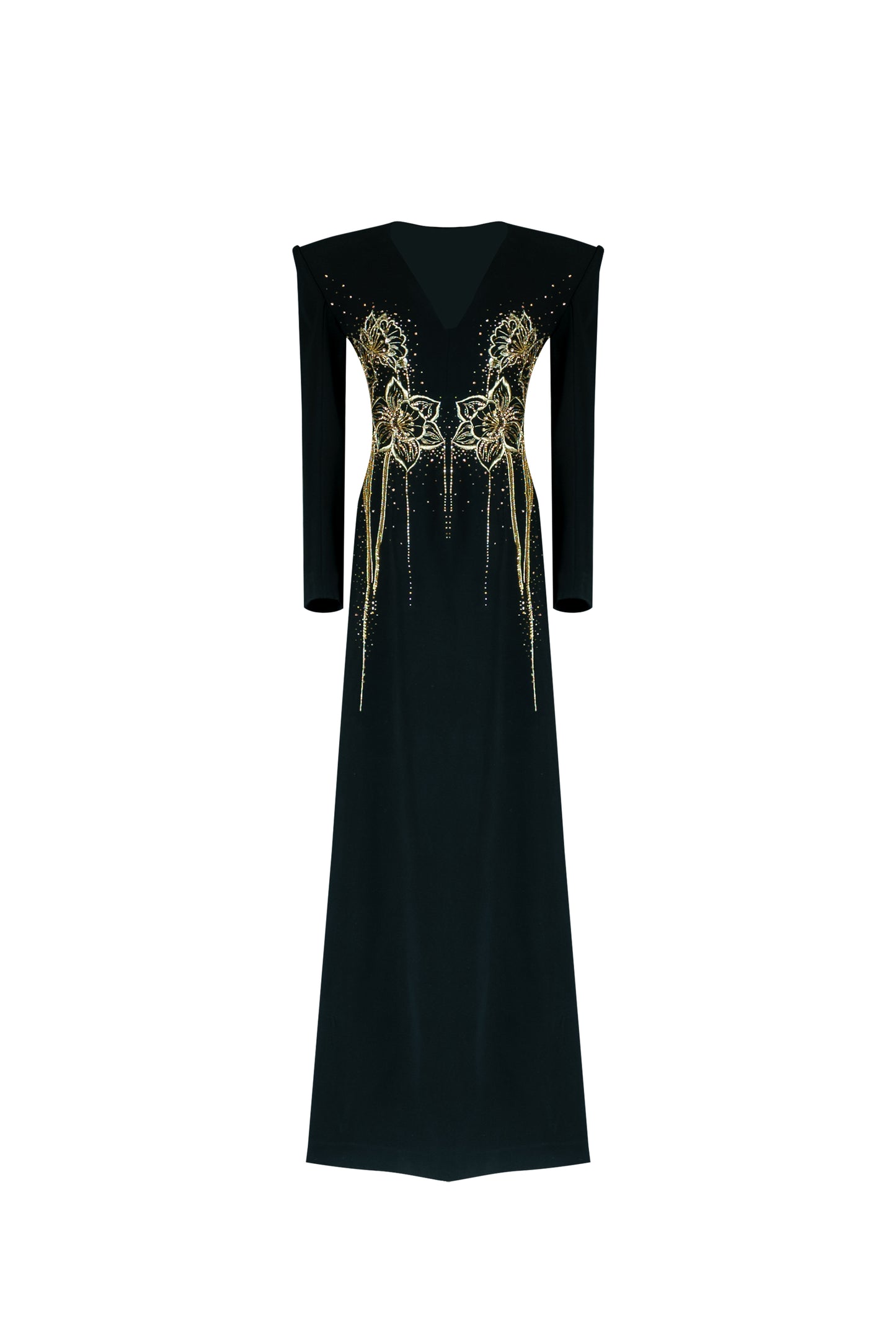 Black Long-Sleeve Gown with Gold Embellished Floral Design and V-Neckline
