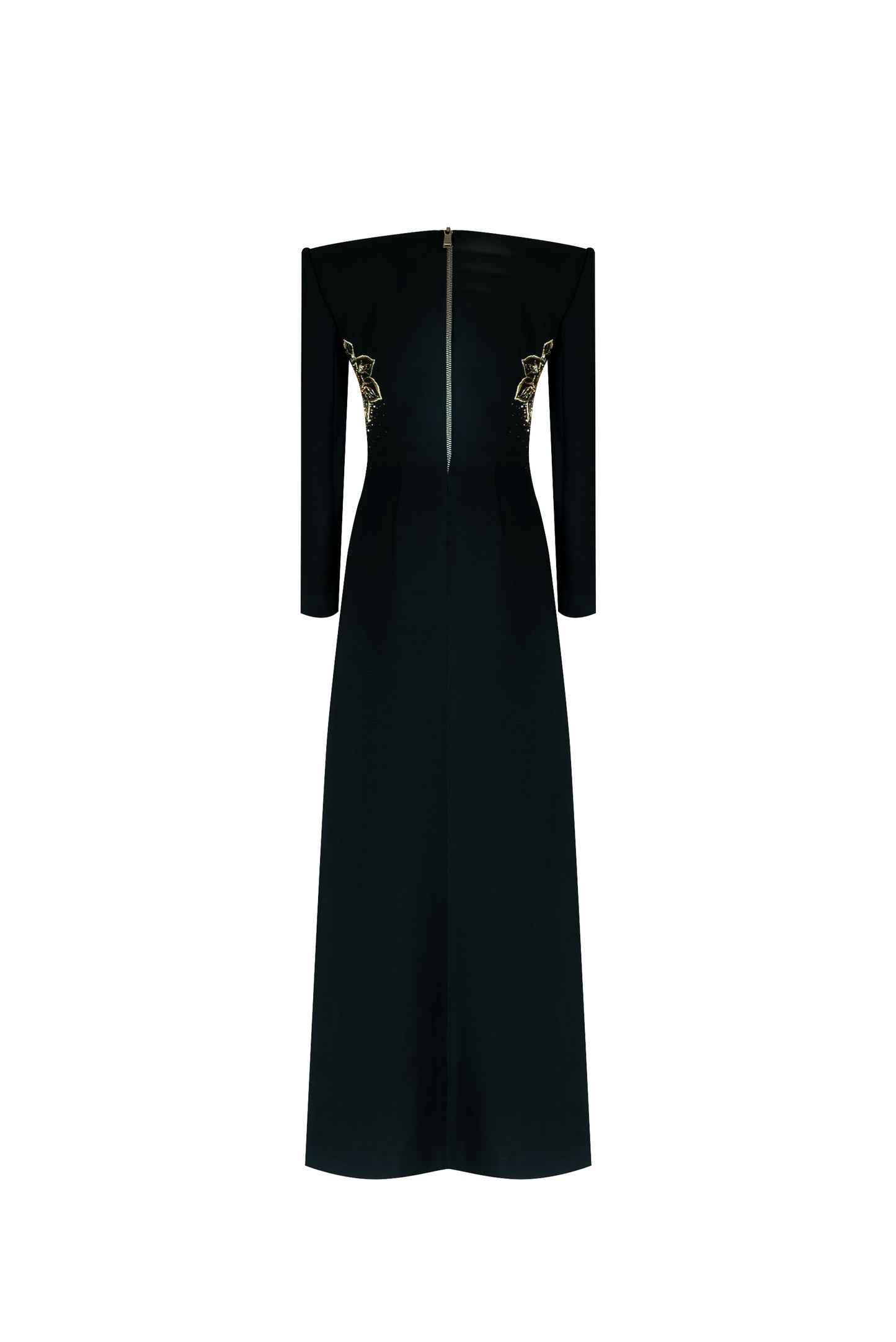 Black Long-Sleeve Gown with Gold Embellished Floral Design and V-Neckline
