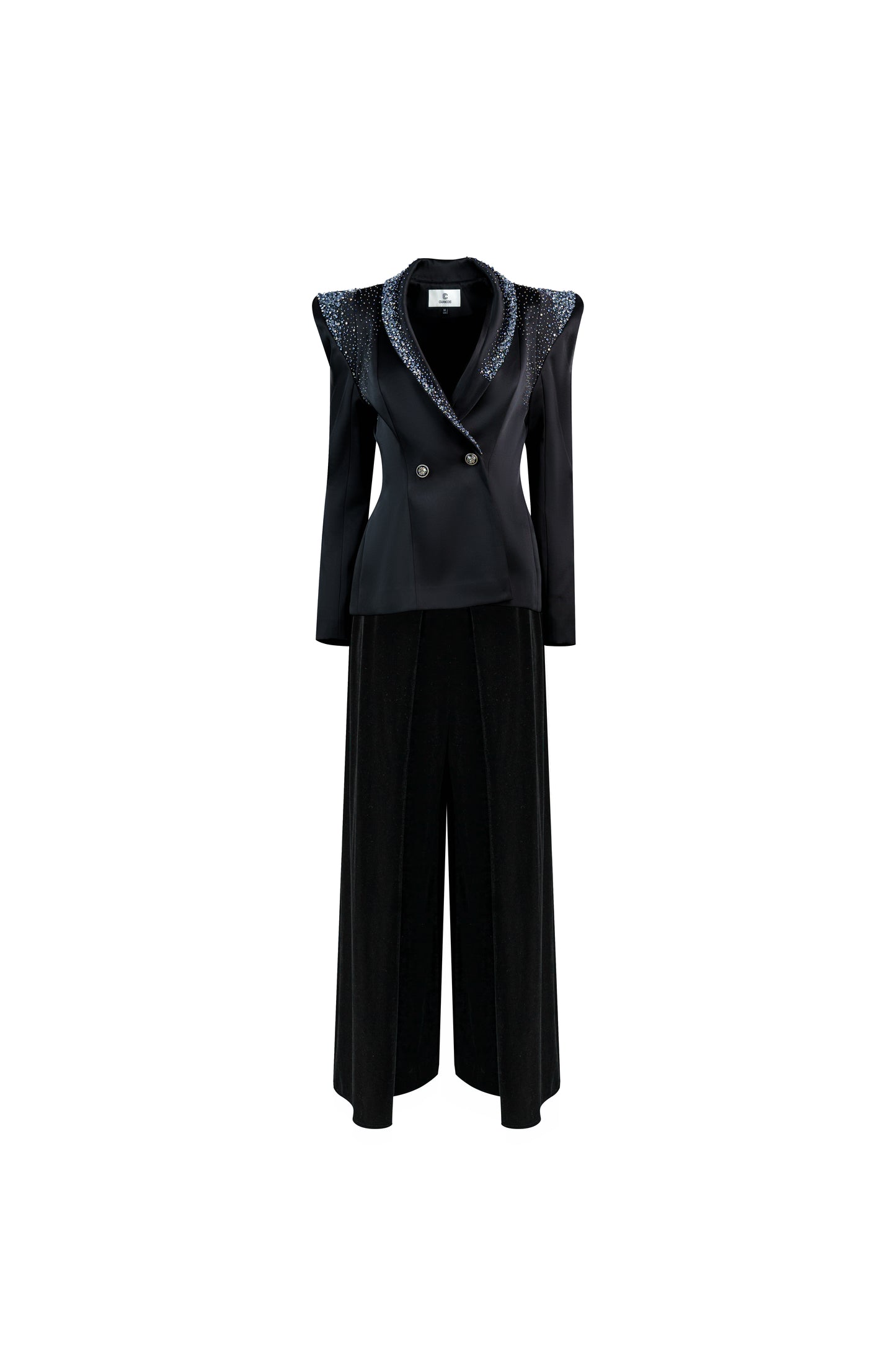 Black Embellished Blazer with Velvet Wide-Leg Pants