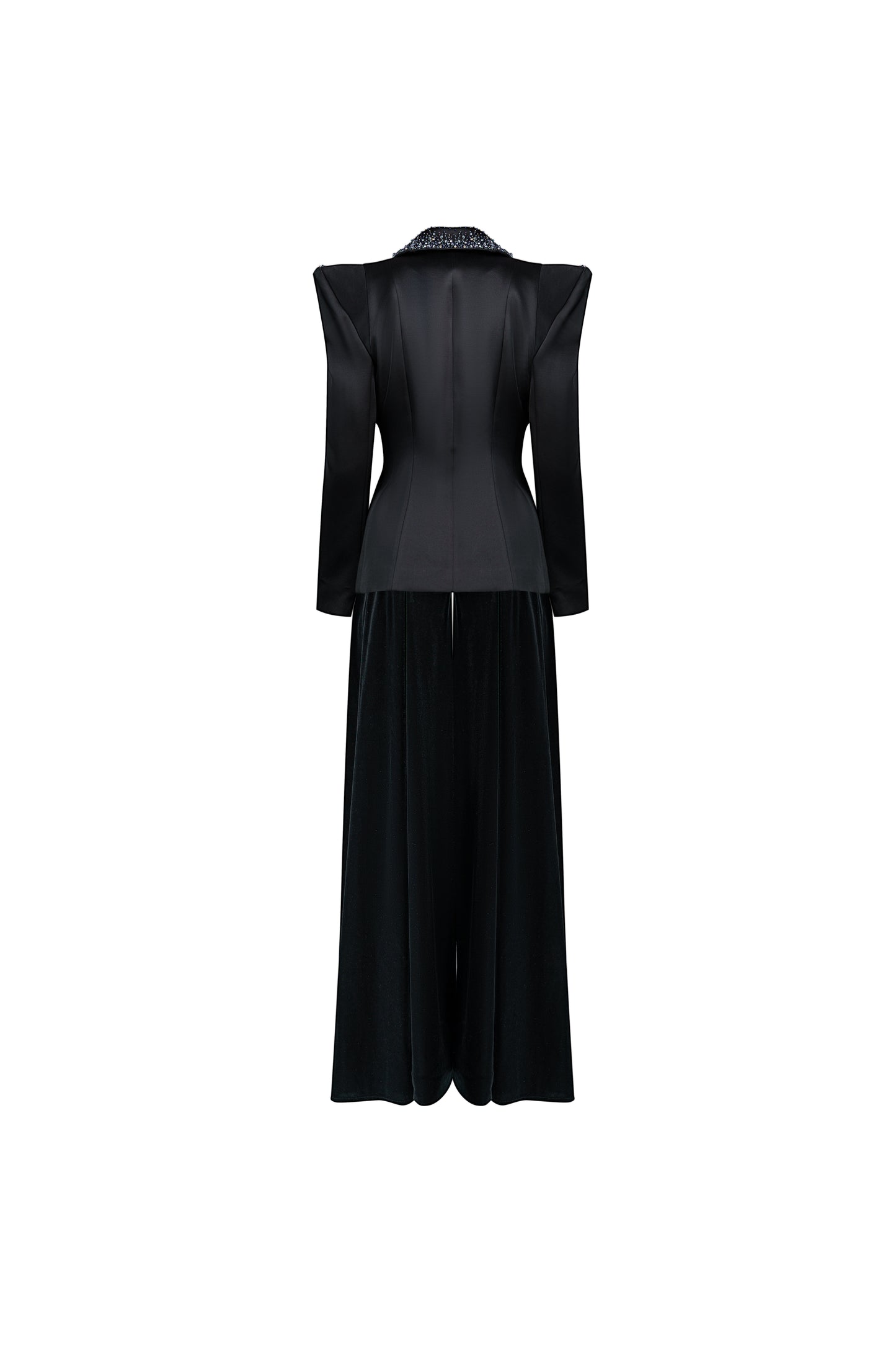 Black Embellished Blazer with Velvet Wide-Leg Pants