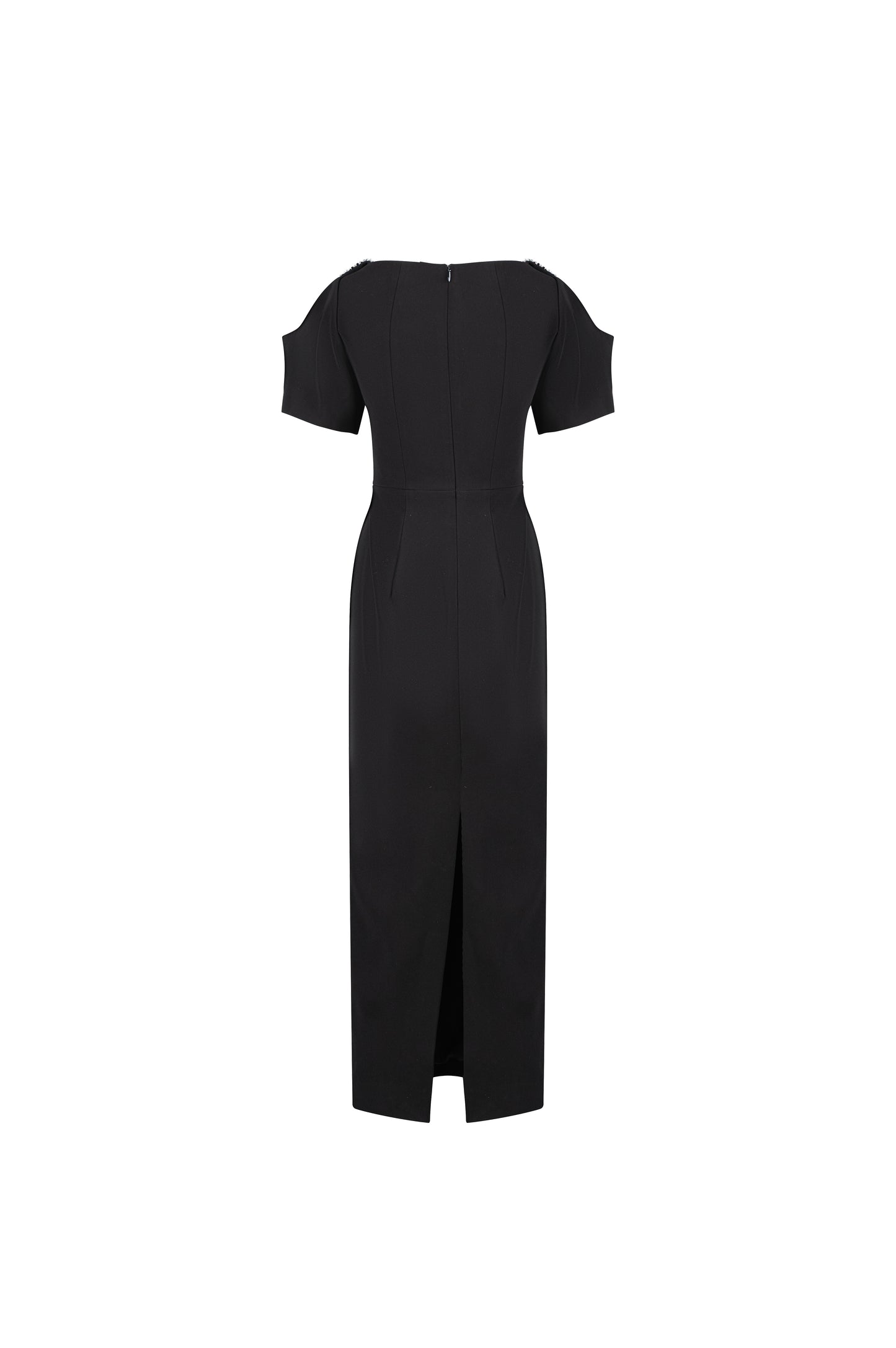 Black Square-Neck Gown with Embellished Cape Sleeves