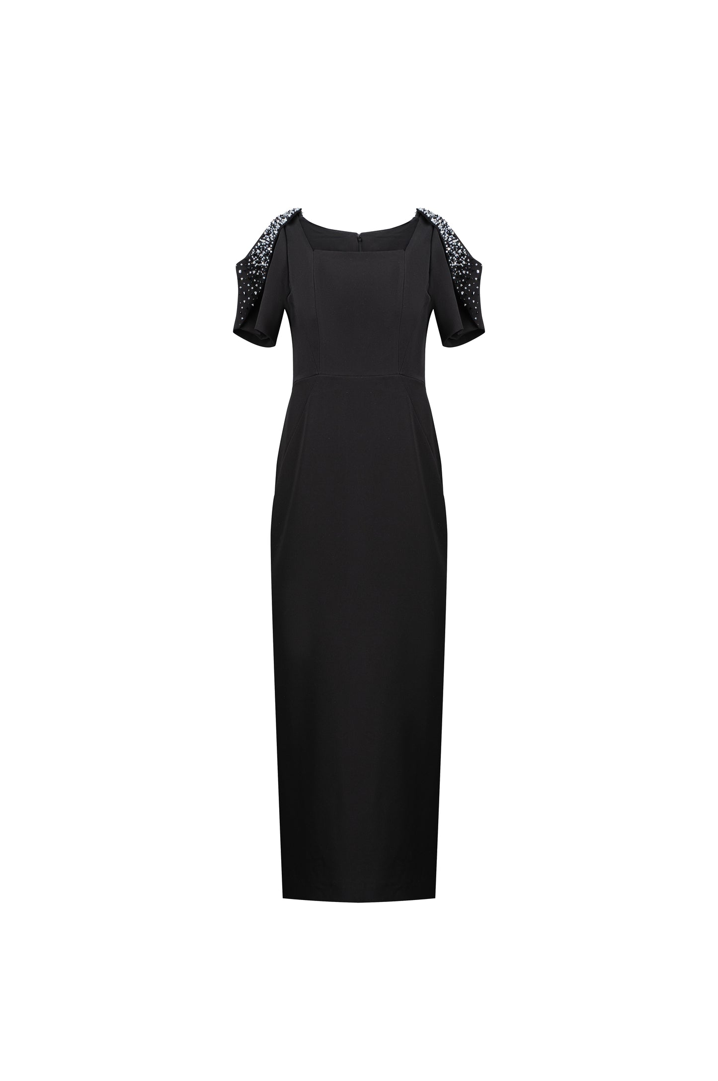 Black Square-Neck Gown with Embellished Cape Sleeves