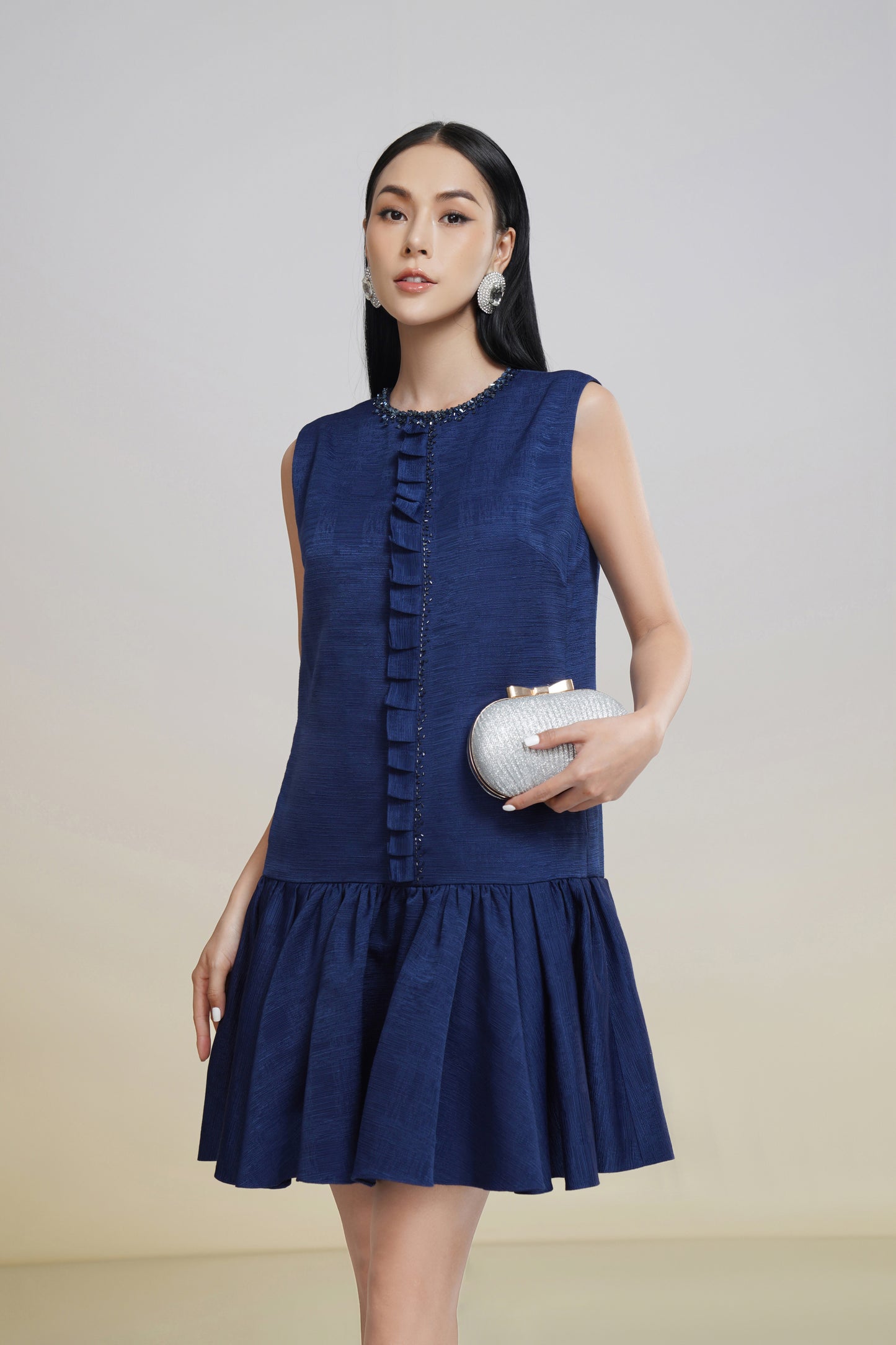 Sleeveless Navy Blue Drop-Waist Ruffle Mini Dress