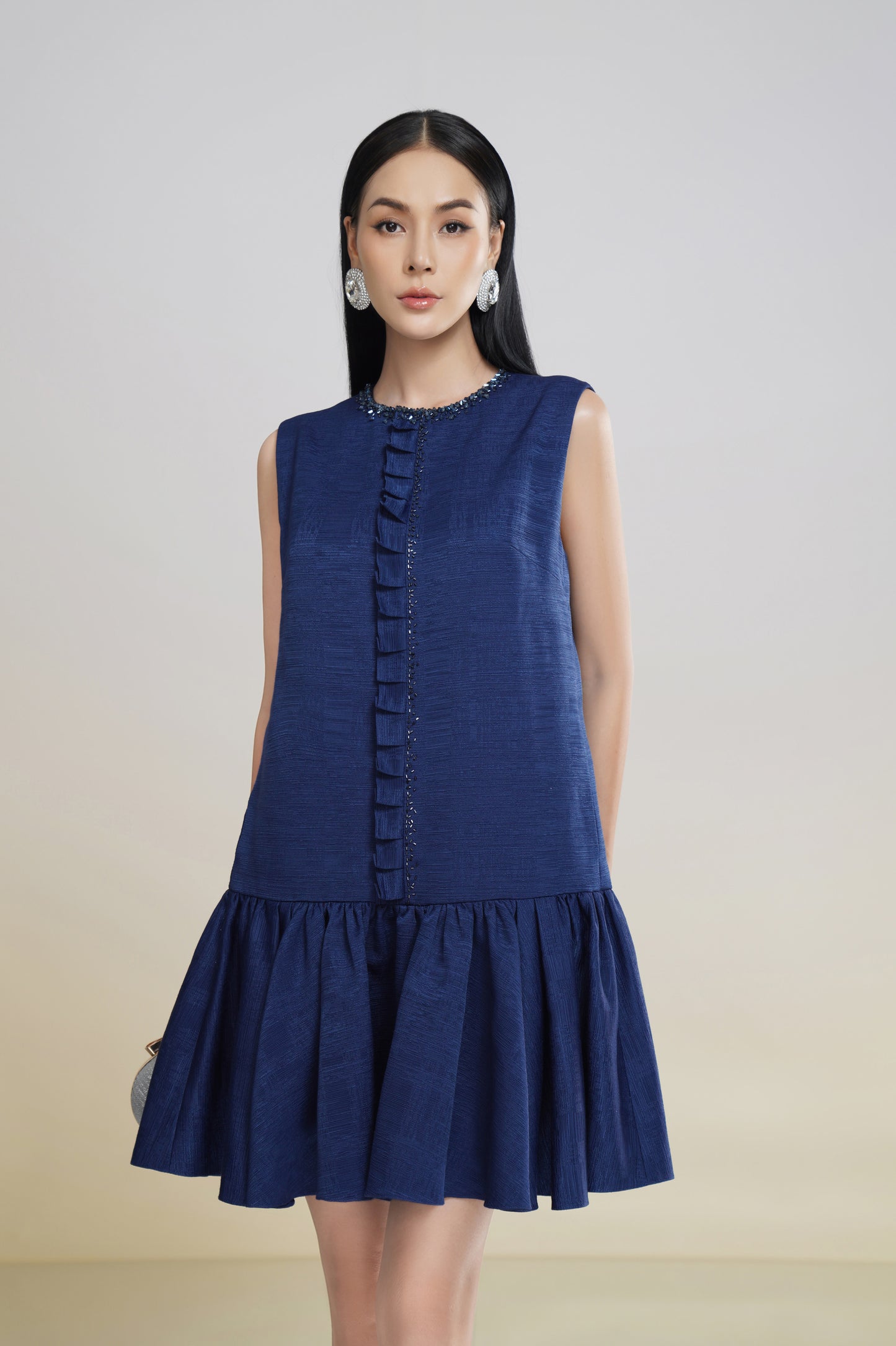 Sleeveless Navy Blue Drop-Waist Ruffle Mini Dress