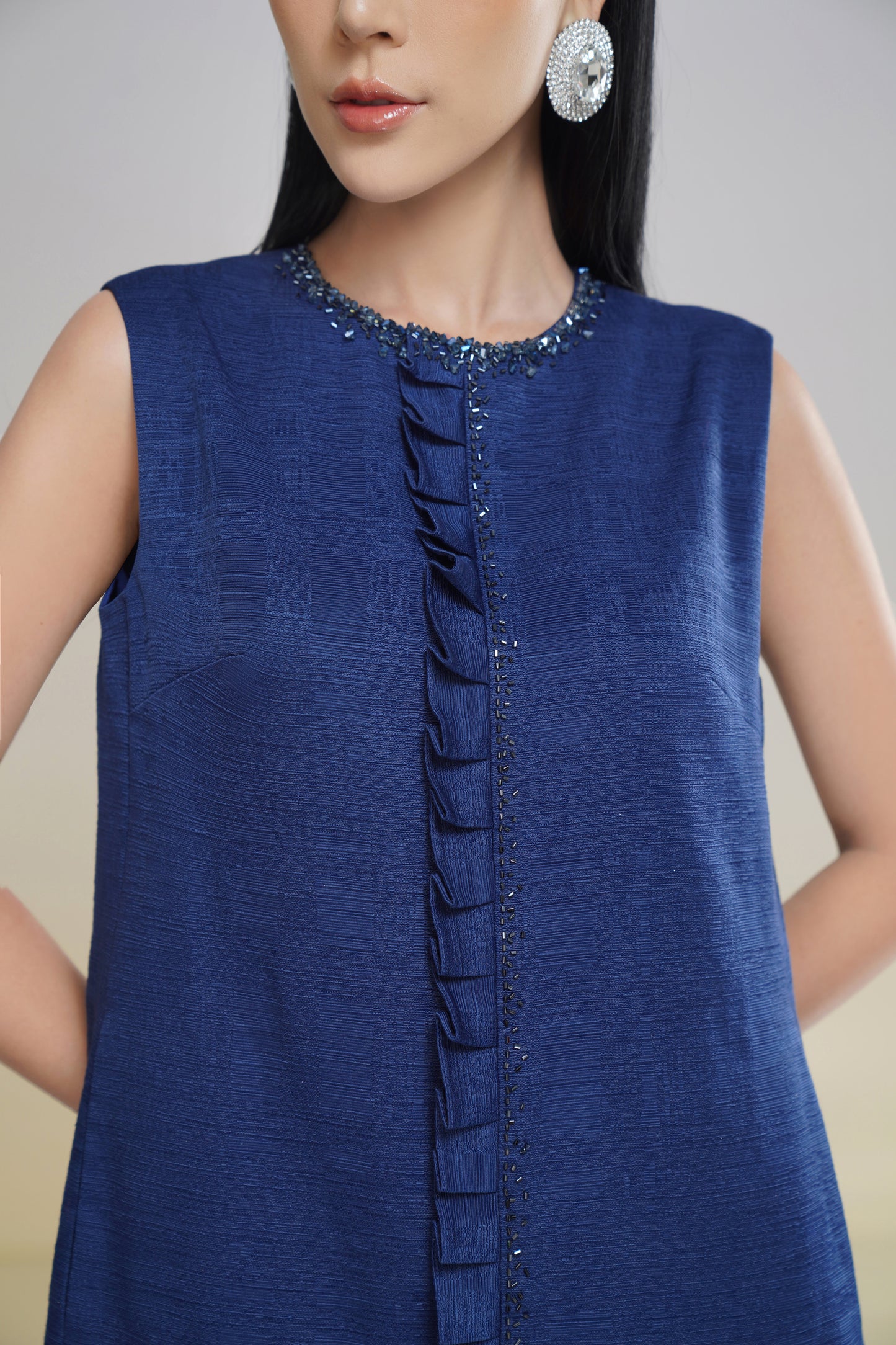Sleeveless Navy Blue Drop-Waist Ruffle Mini Dress