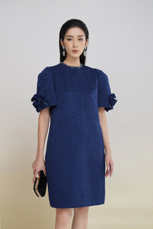 Navy Puff-Sleeve Knee-Length Dress with Embellished Neckline