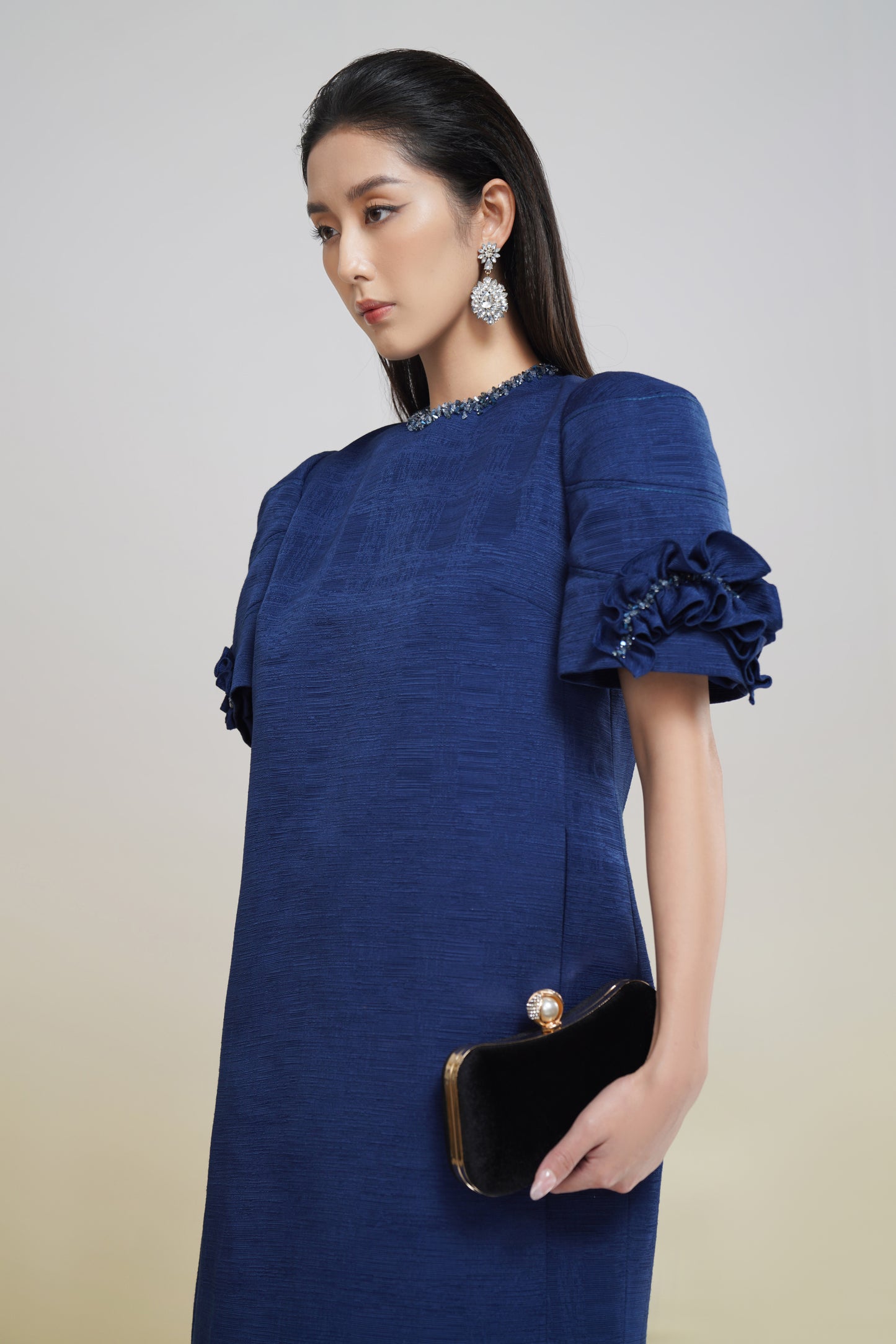Navy Puff-Sleeve Knee-Length Dress with Embellished Neckline