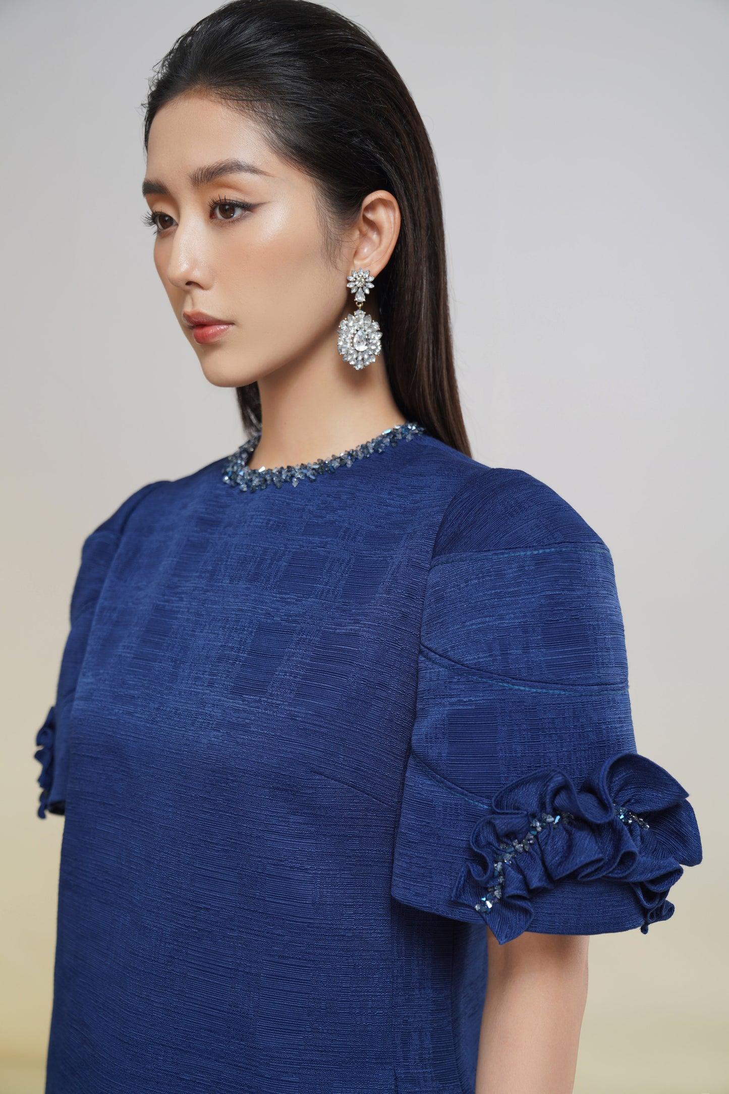 Navy Puff-Sleeve Knee-Length Dress with Embellished Neckline