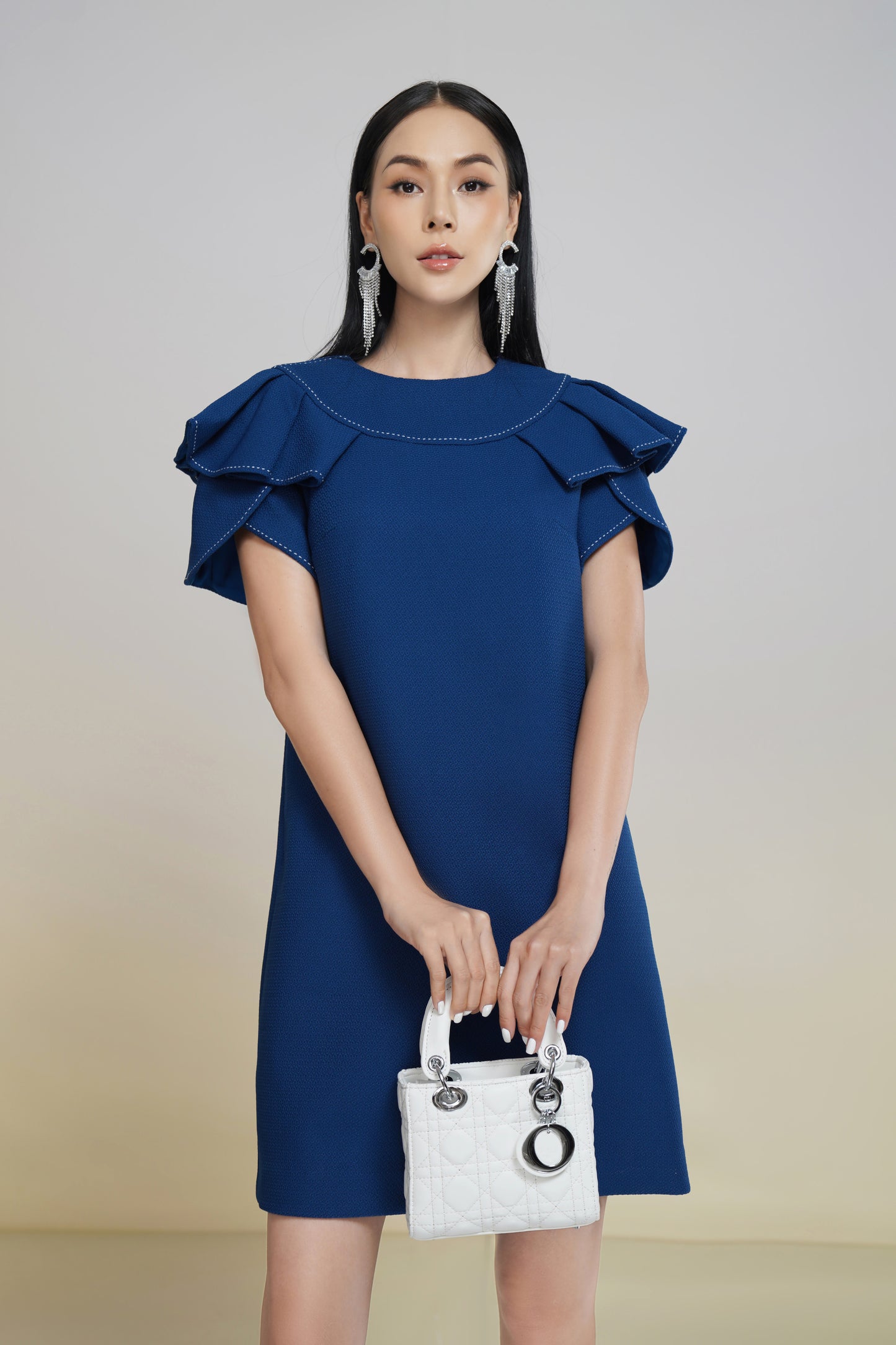 Navy Blue Ruffle Sleeve Shift Dress