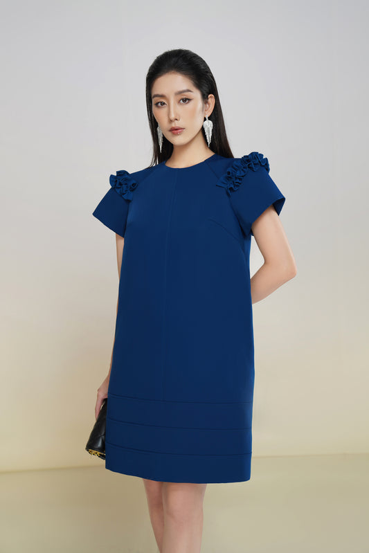 Royal Blue Short Sleeve Shift Dress with Ruffle Details for Women