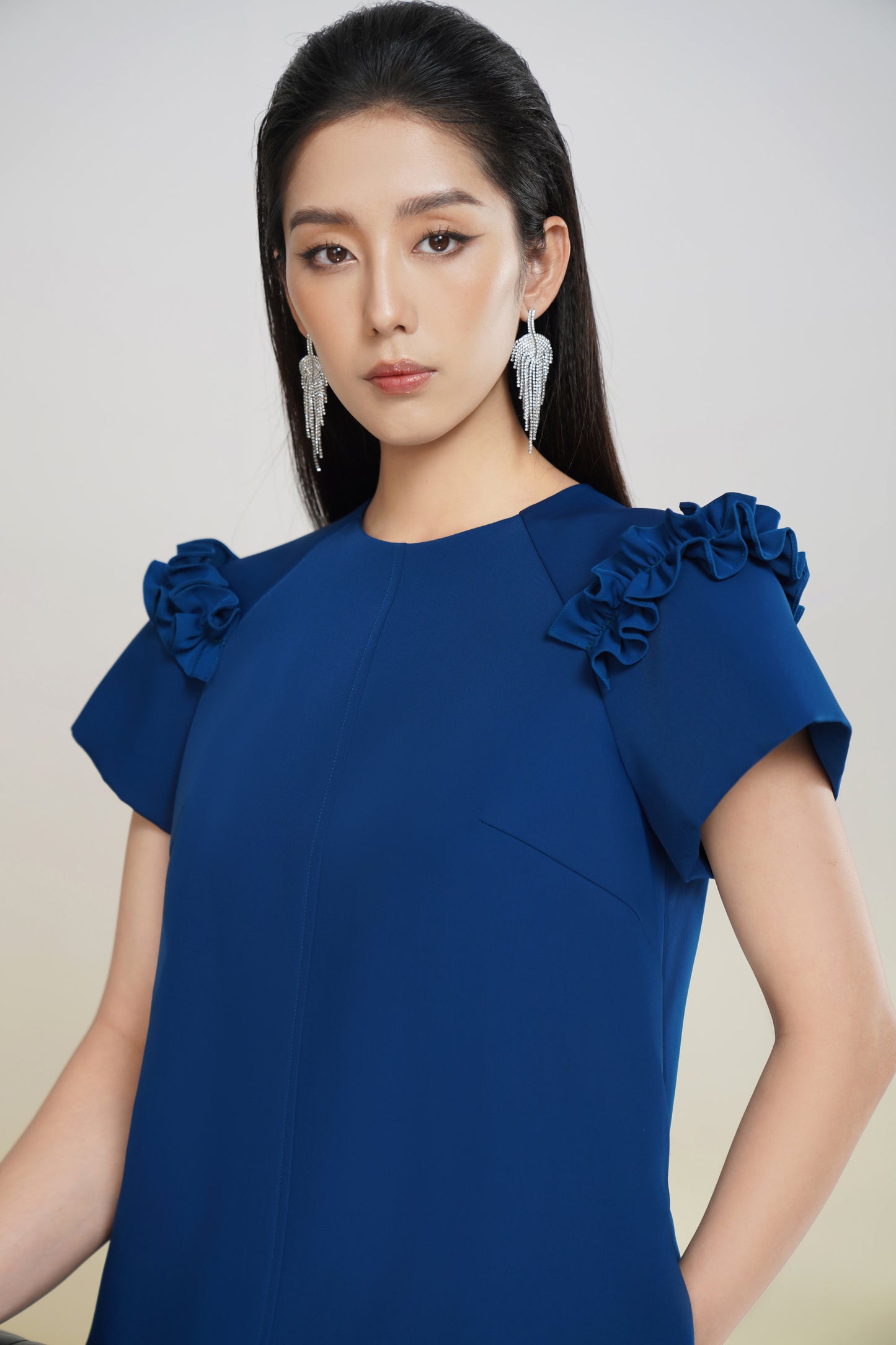 Royal Blue Short Sleeve Shift Dress with Ruffle Details for Women