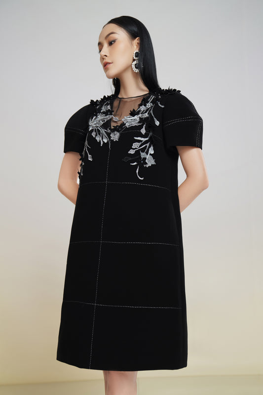 Black Floral Embroidered Mesh Panel Shift Dress