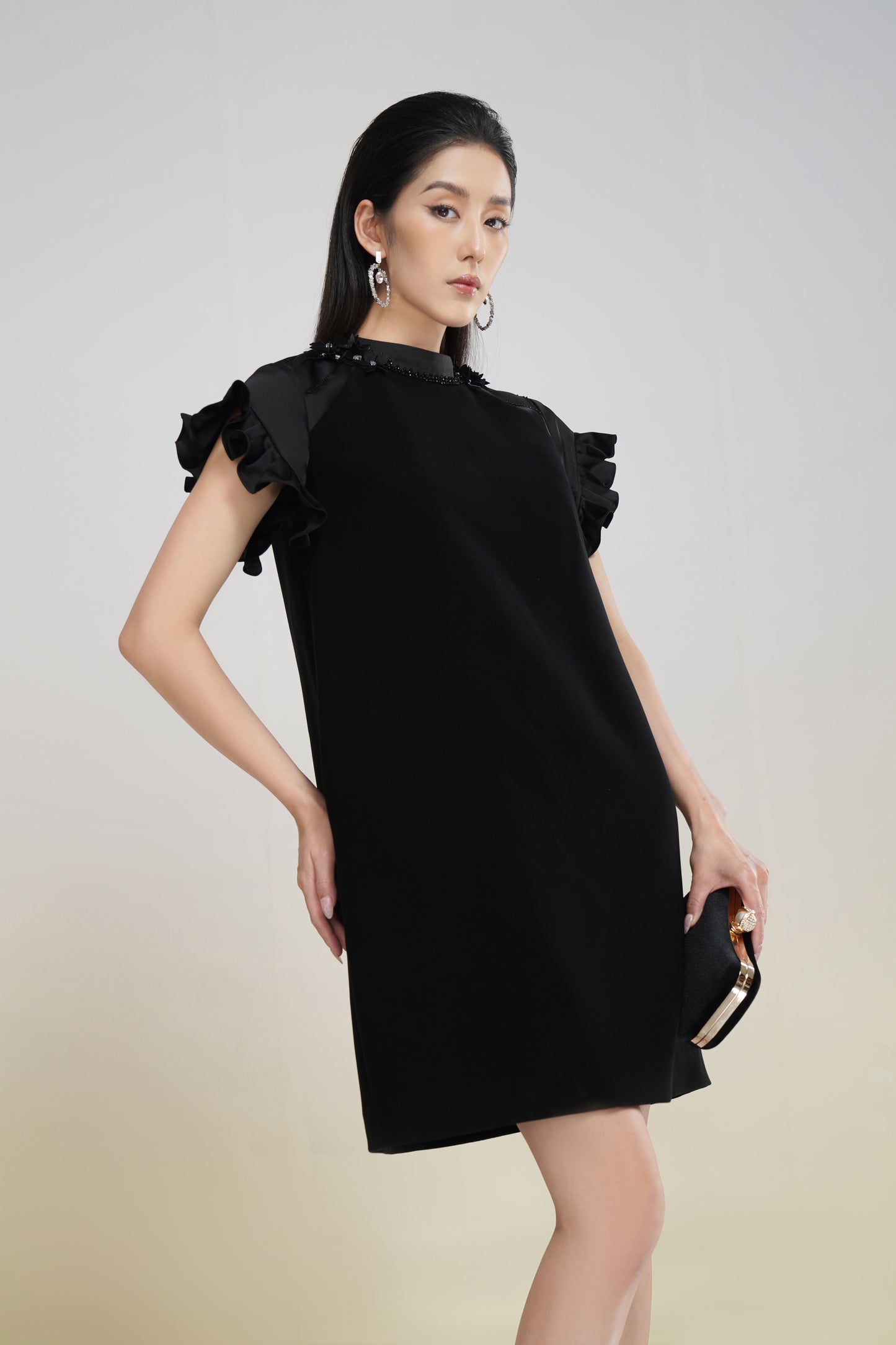 Black Ruffle Sleeve Embellished A-Line Dress