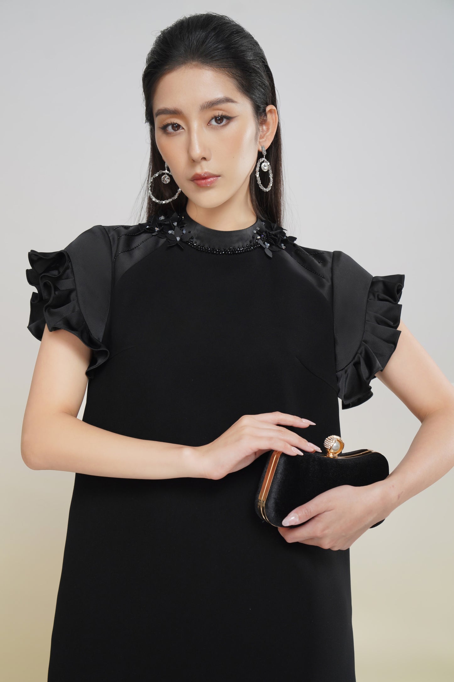 Black Ruffle Sleeve Embellished A-Line Dress