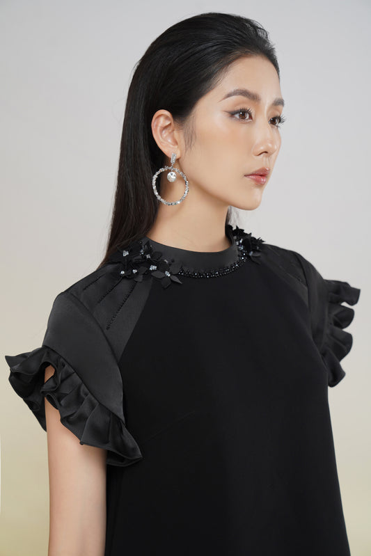 Black Ruffle Sleeve Embellished A-Line Dress
