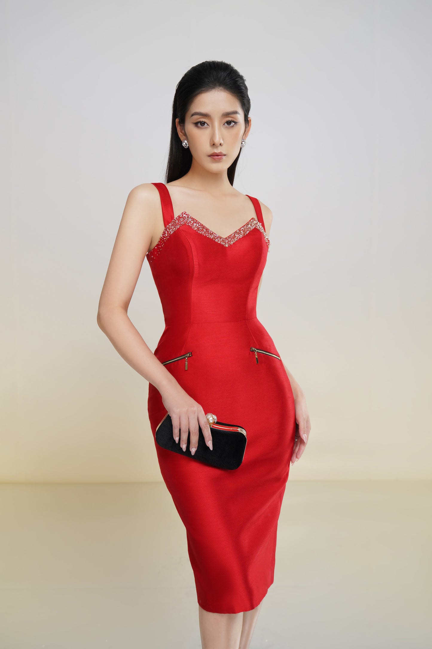 Stunning Red Bodycon Midi Dress with Beaded Sweetheart Neckline