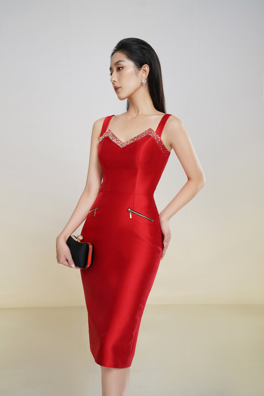 Stunning Red Bodycon Midi Dress with Beaded Sweetheart Neckline
