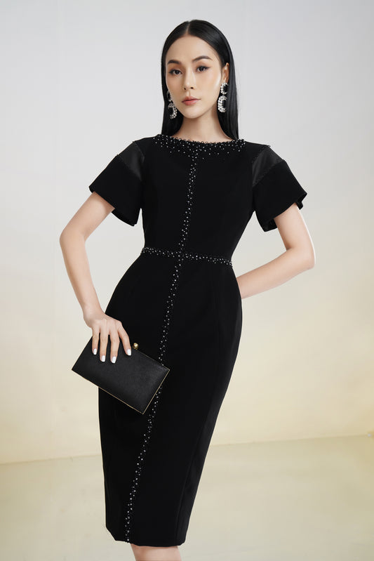 Black Midi Dress with Beaded Trim and Short Flutter Sleeves