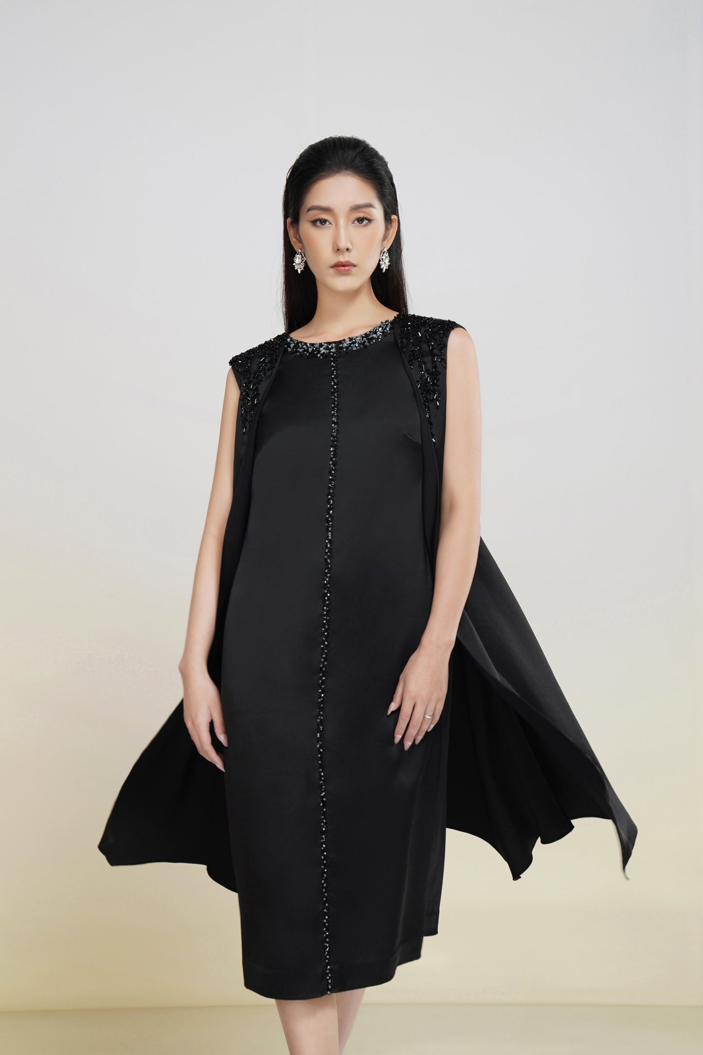 Black Sleeveless Embellished Cape Midi Dress with Beaded Details