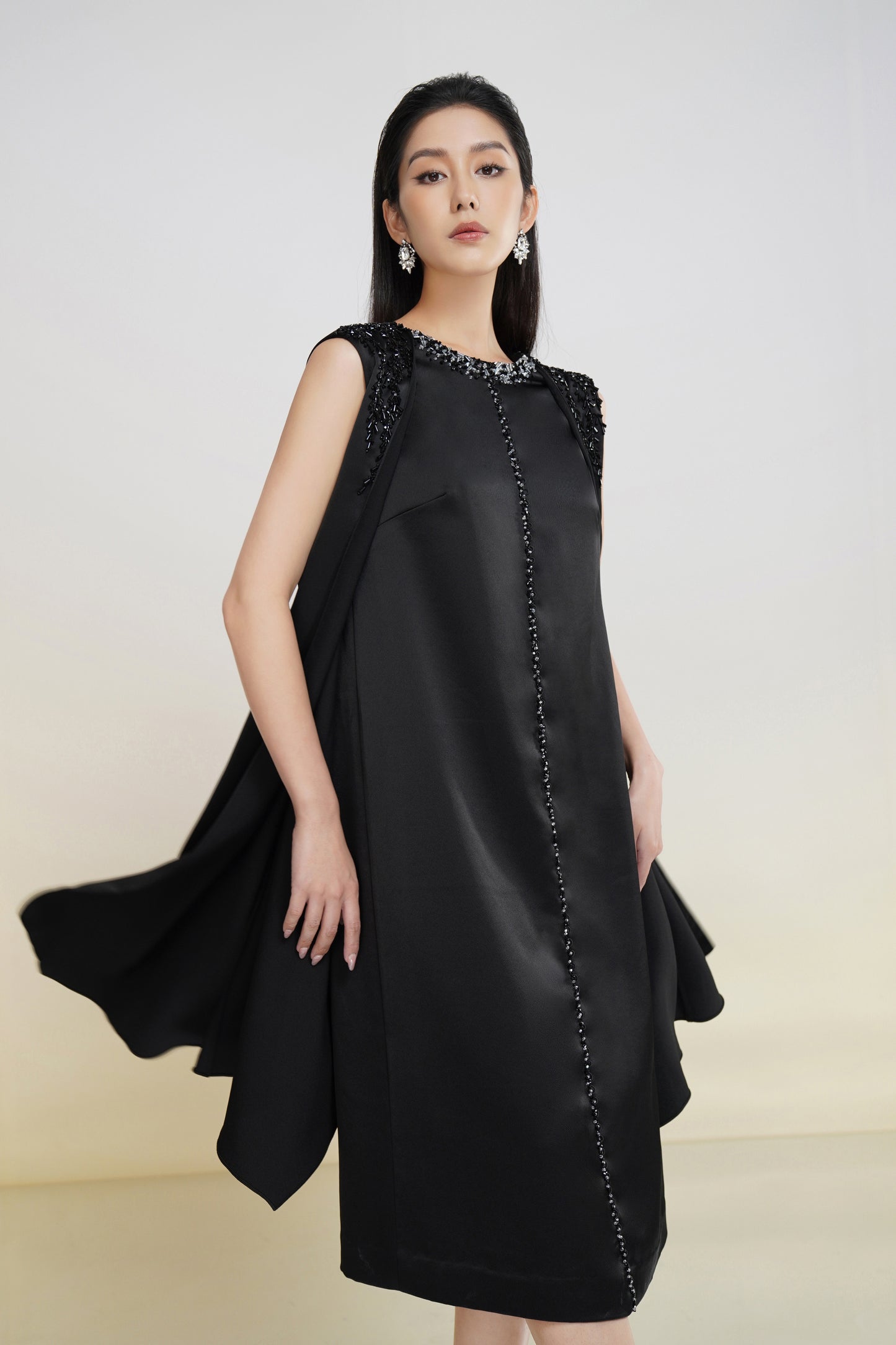 Black Sleeveless Embellished Cape Midi Dress with Beaded Details