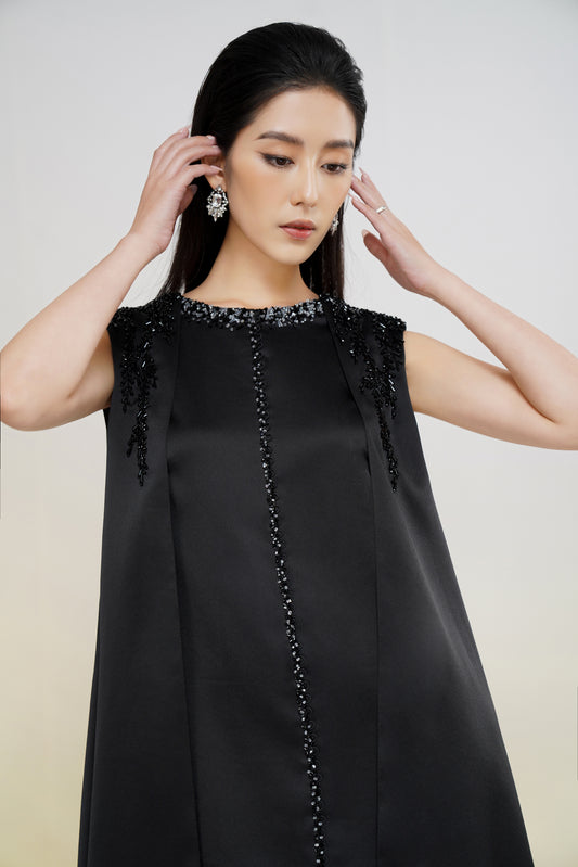 Black Sleeveless Embellished Cape Midi Dress with Beaded Details
