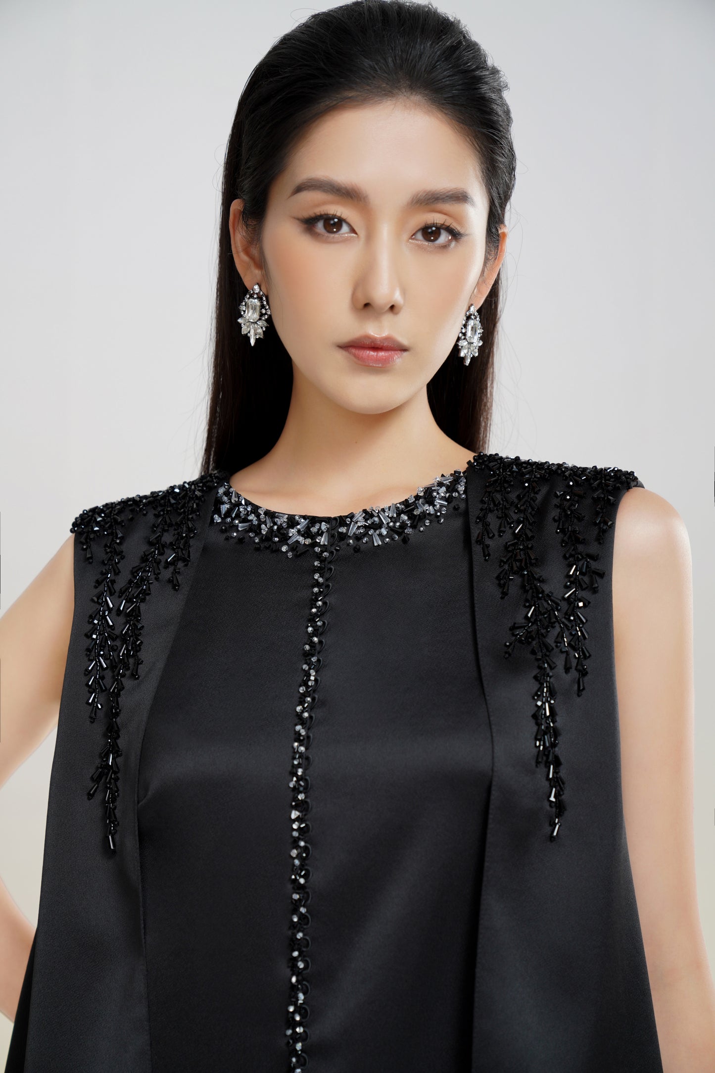 Black Sleeveless Embellished Cape Midi Dress with Beaded Details