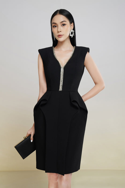 Black Sleeveless V-Neck Sheath Dress with Silver Accents