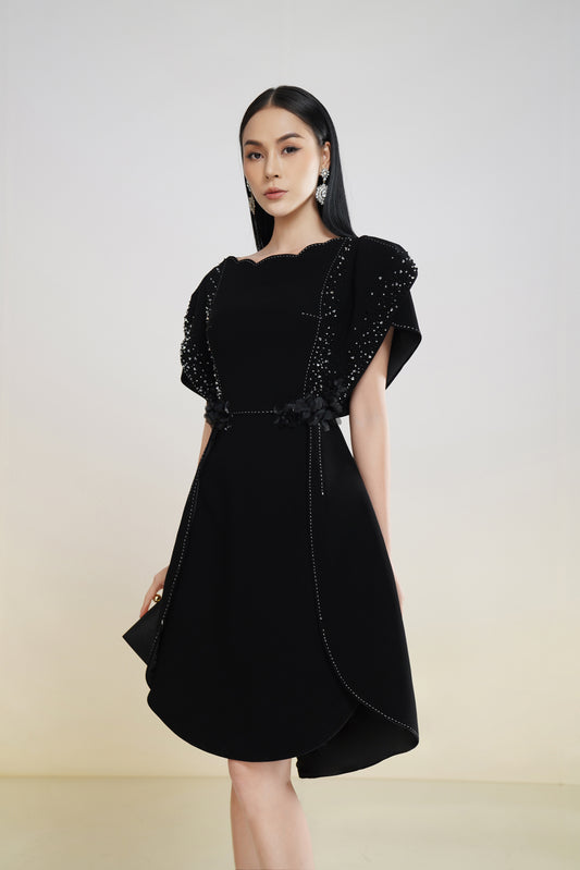 Black A-Line Dress with Scalloped Neckline and Embellished Sleeves
