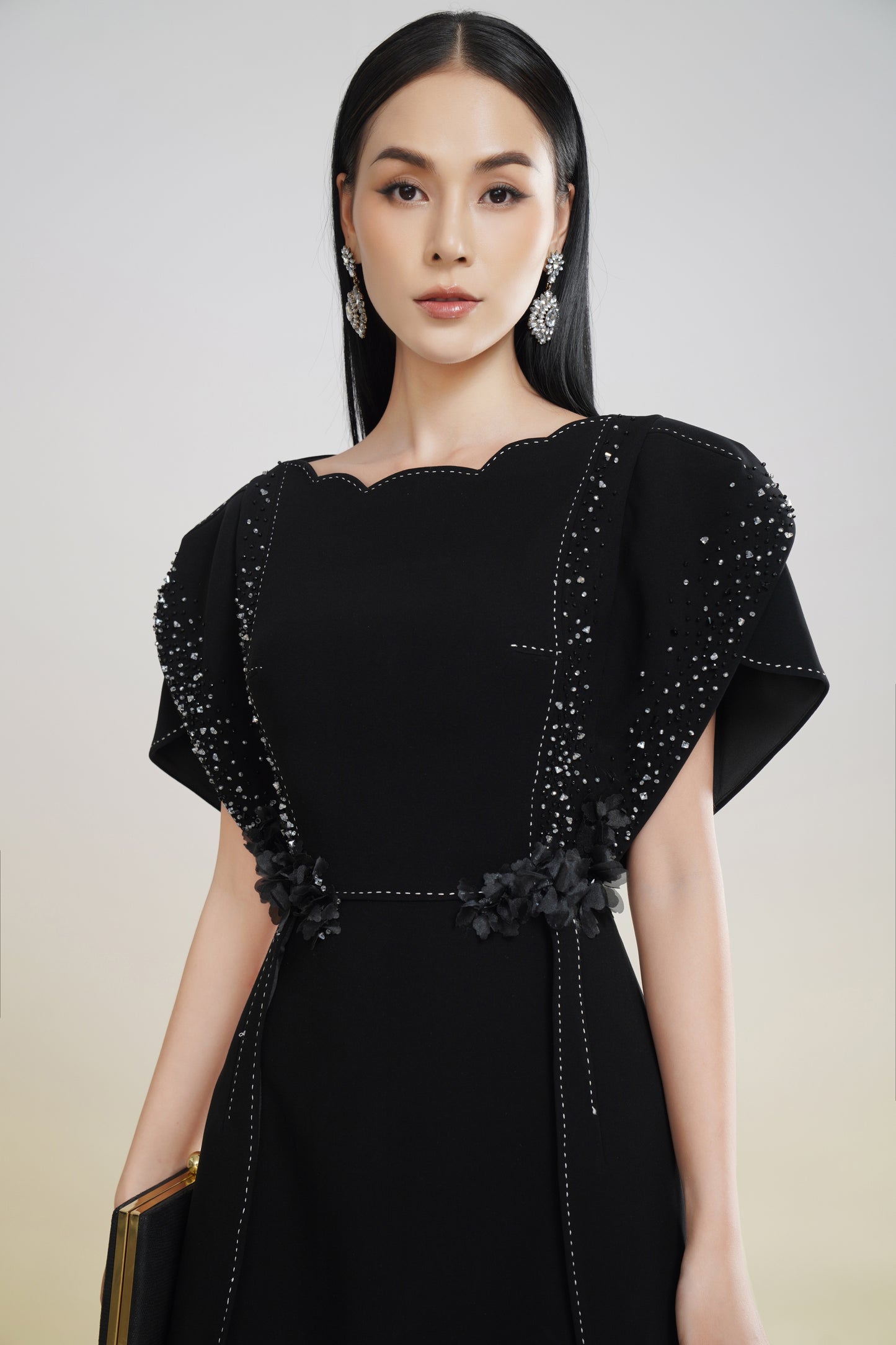 Black A-Line Dress with Scalloped Neckline and Embellished Sleeves