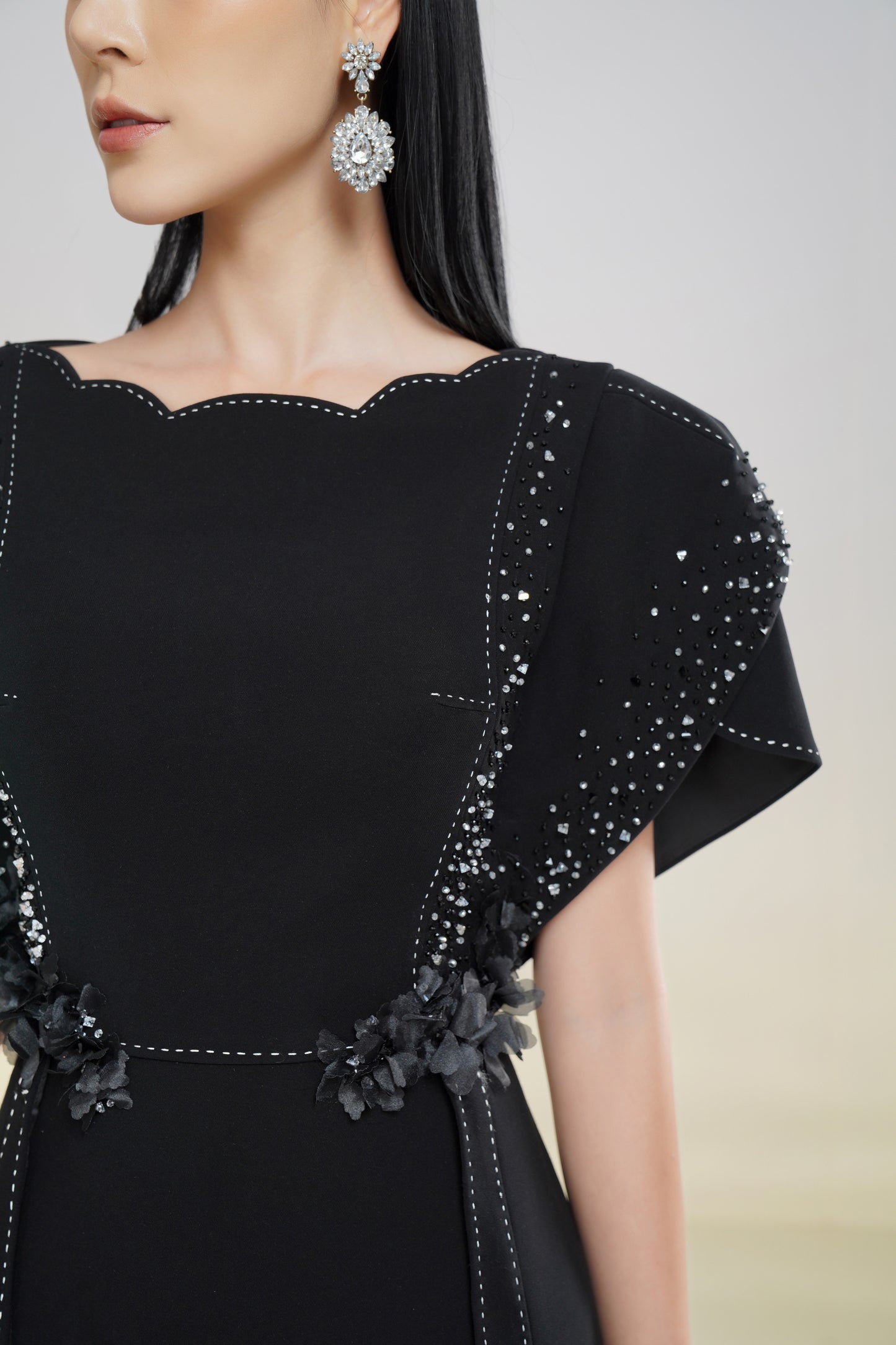Black A-Line Dress with Scalloped Neckline and Embellished Sleeves