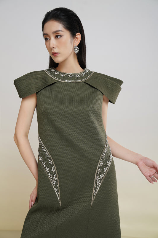 Olive Green Cape Shoulder A-Line Dress with Embellished Detailing