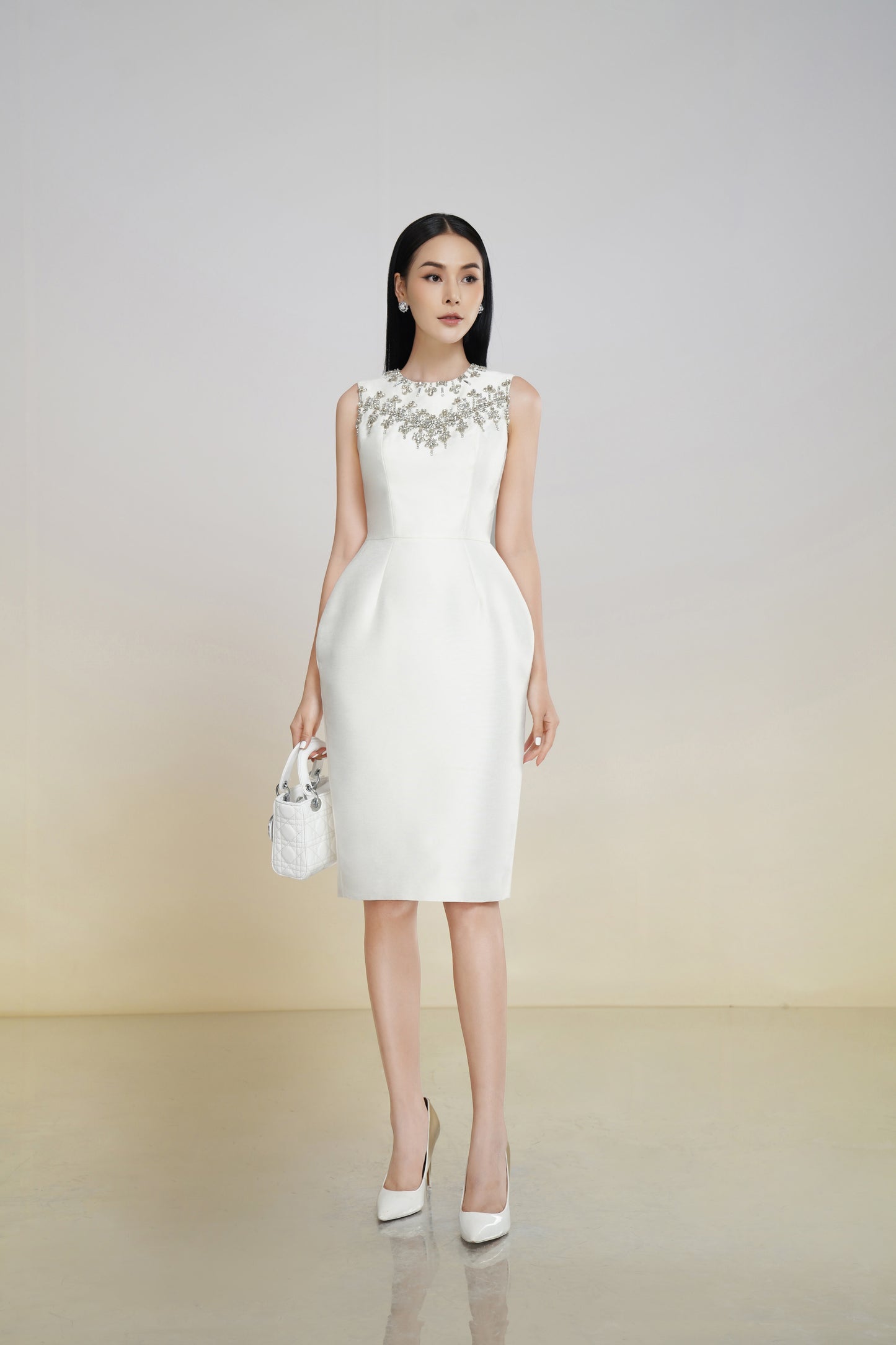 White Embellished Sleeveless Midi Dress with Floral Beaded Design