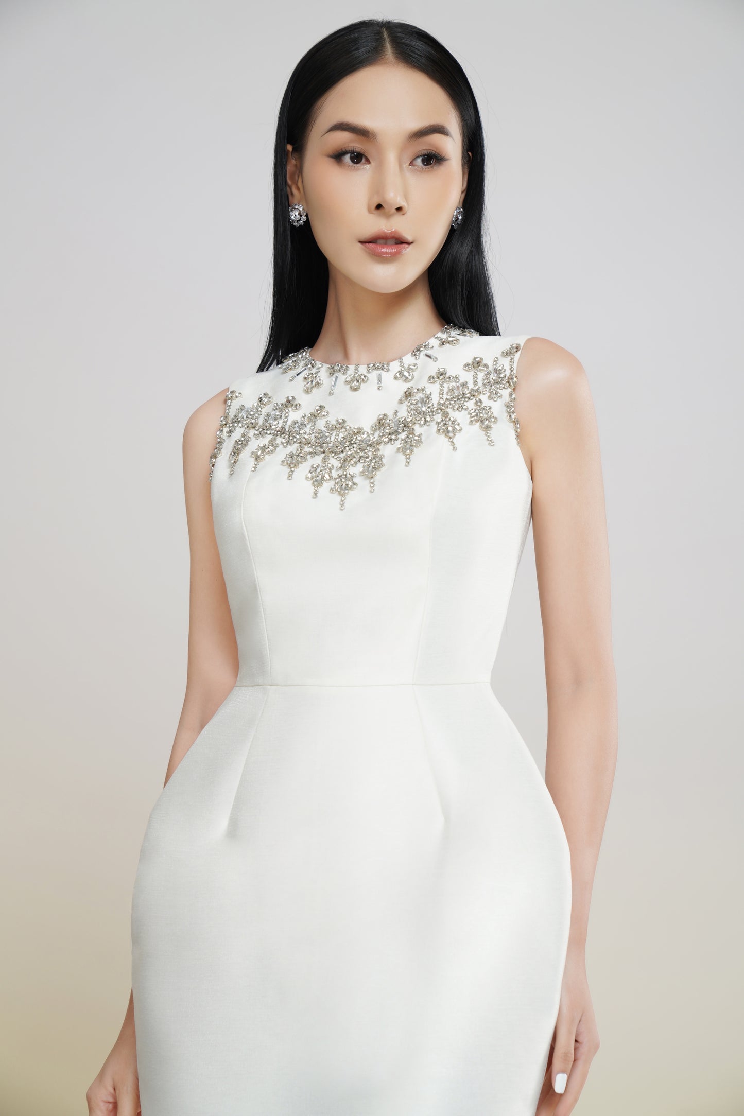 White Embellished Sleeveless Midi Dress with Floral Beaded Design