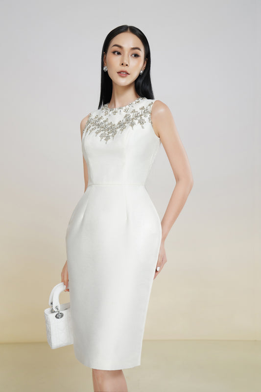 White Embellished Sleeveless Midi Dress with Floral Beaded Design