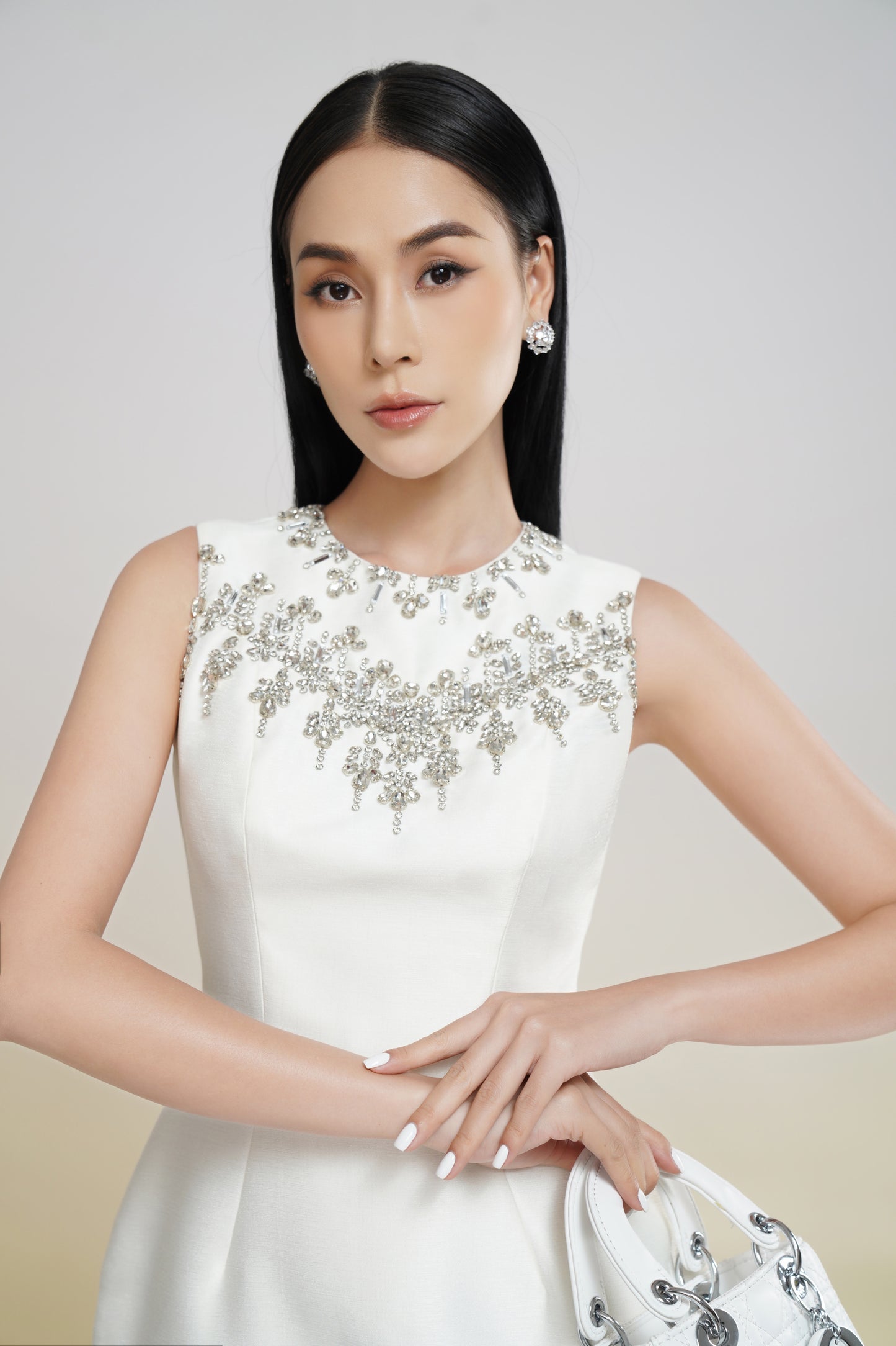 White Embellished Sleeveless Midi Dress with Floral Beaded Design