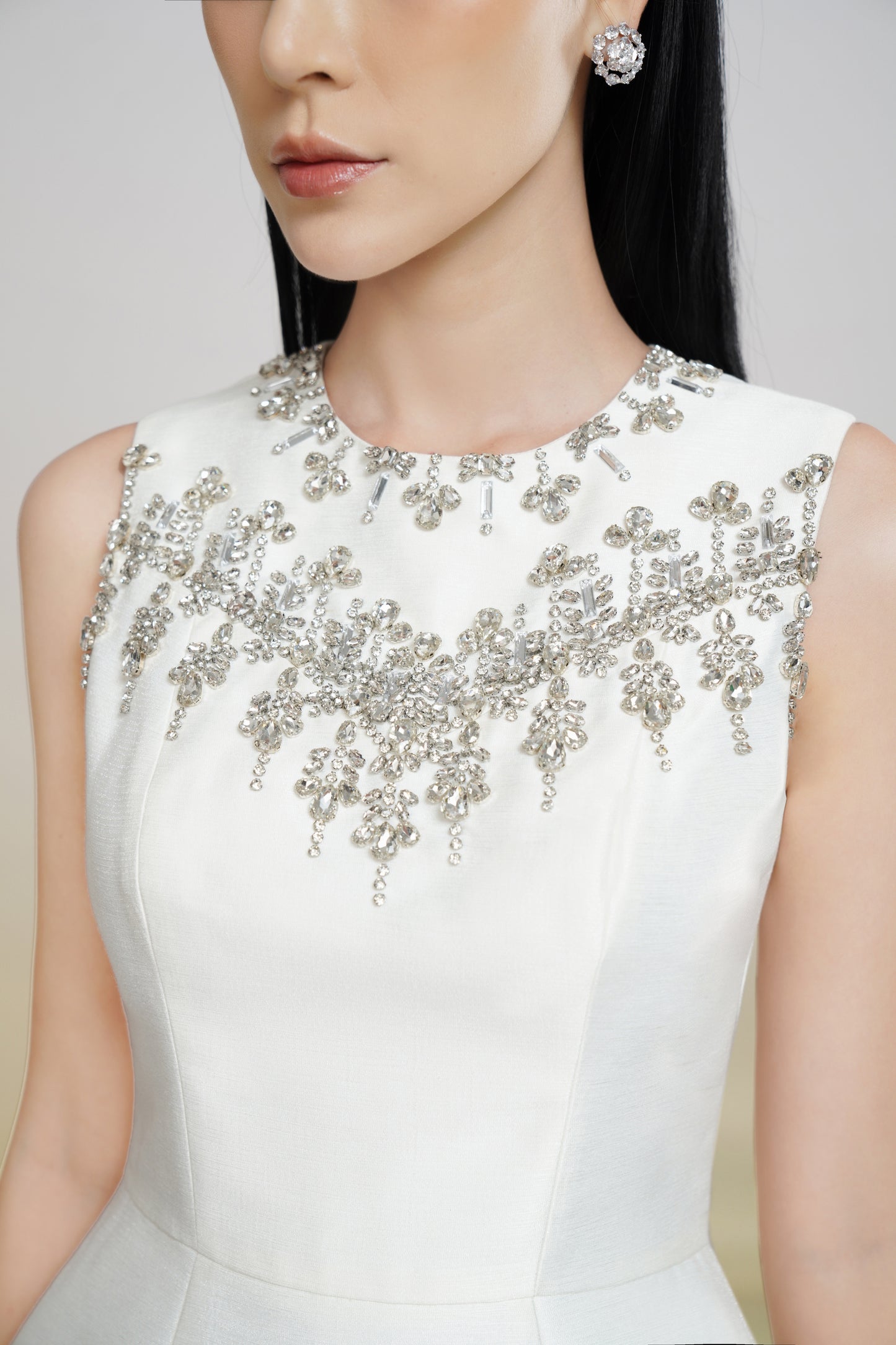 White Embellished Sleeveless Midi Dress with Floral Beaded Design