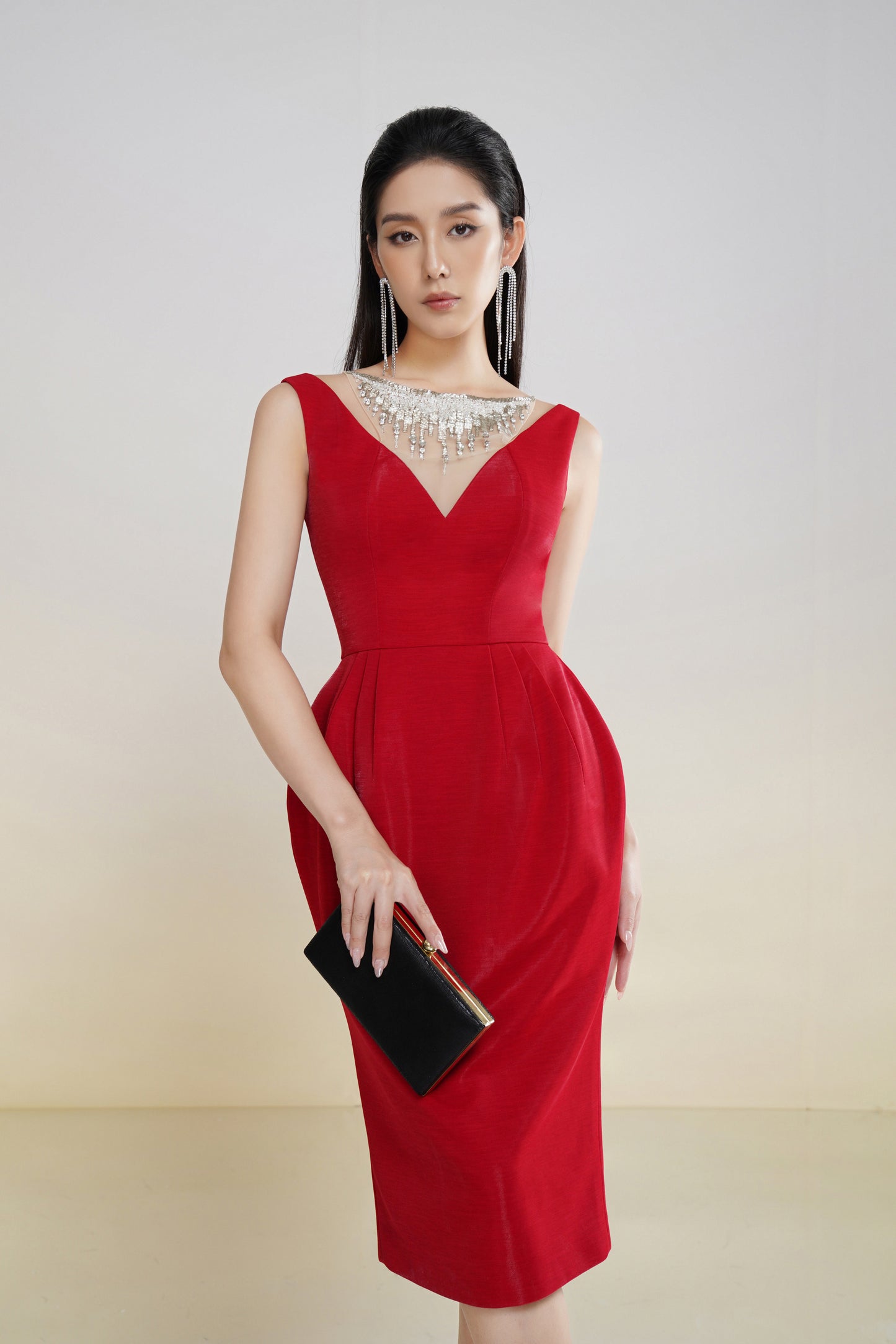 Red Sleeveless Midi Dress with Crystal-Embellished V-Neckline